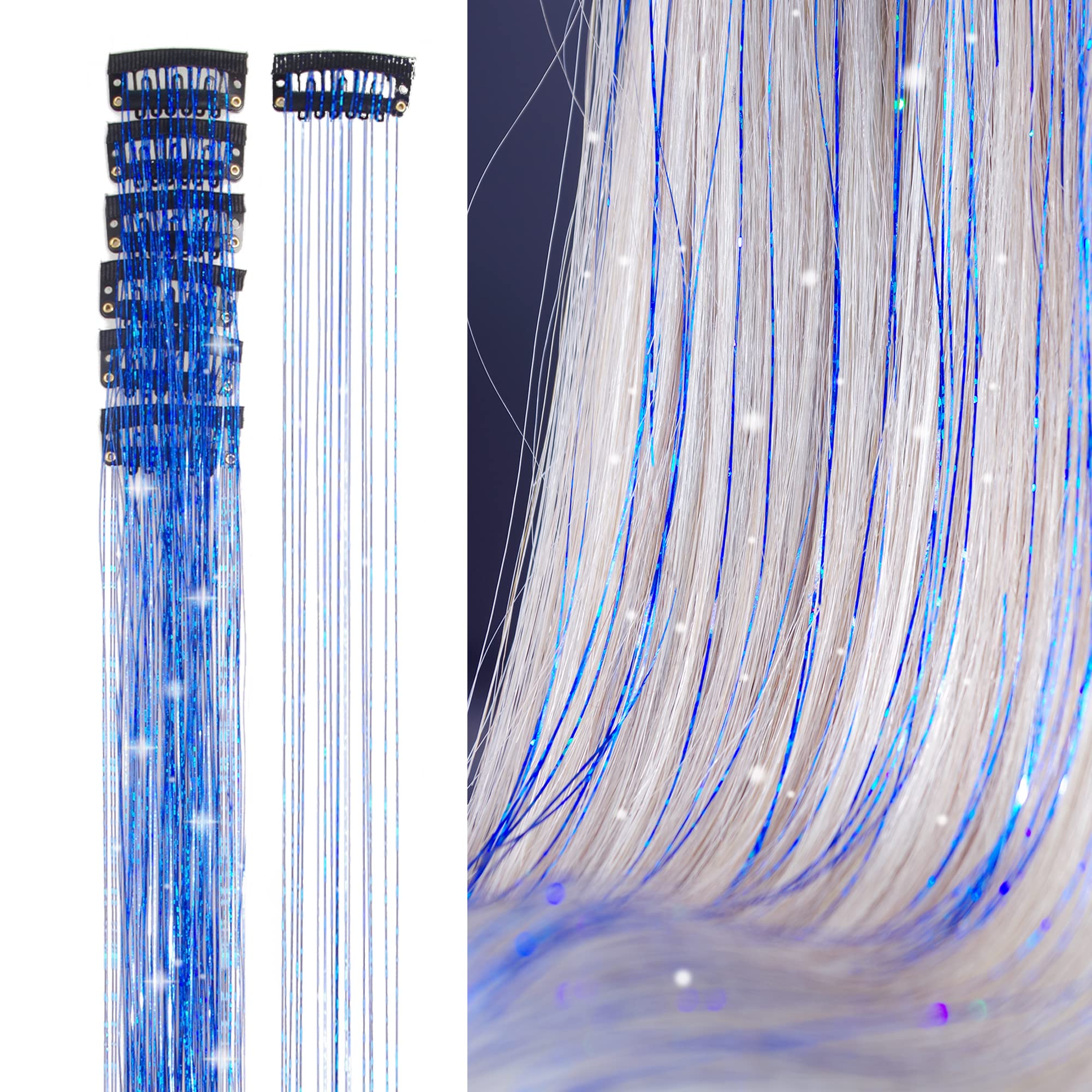 SEPTBEAM Clip-in Hair Tinsel Extensions Dark Blue Highlights for Hair 20.5 Inch 6pcs Synthetic Hair Extensions for Party, Christmas, New Year,