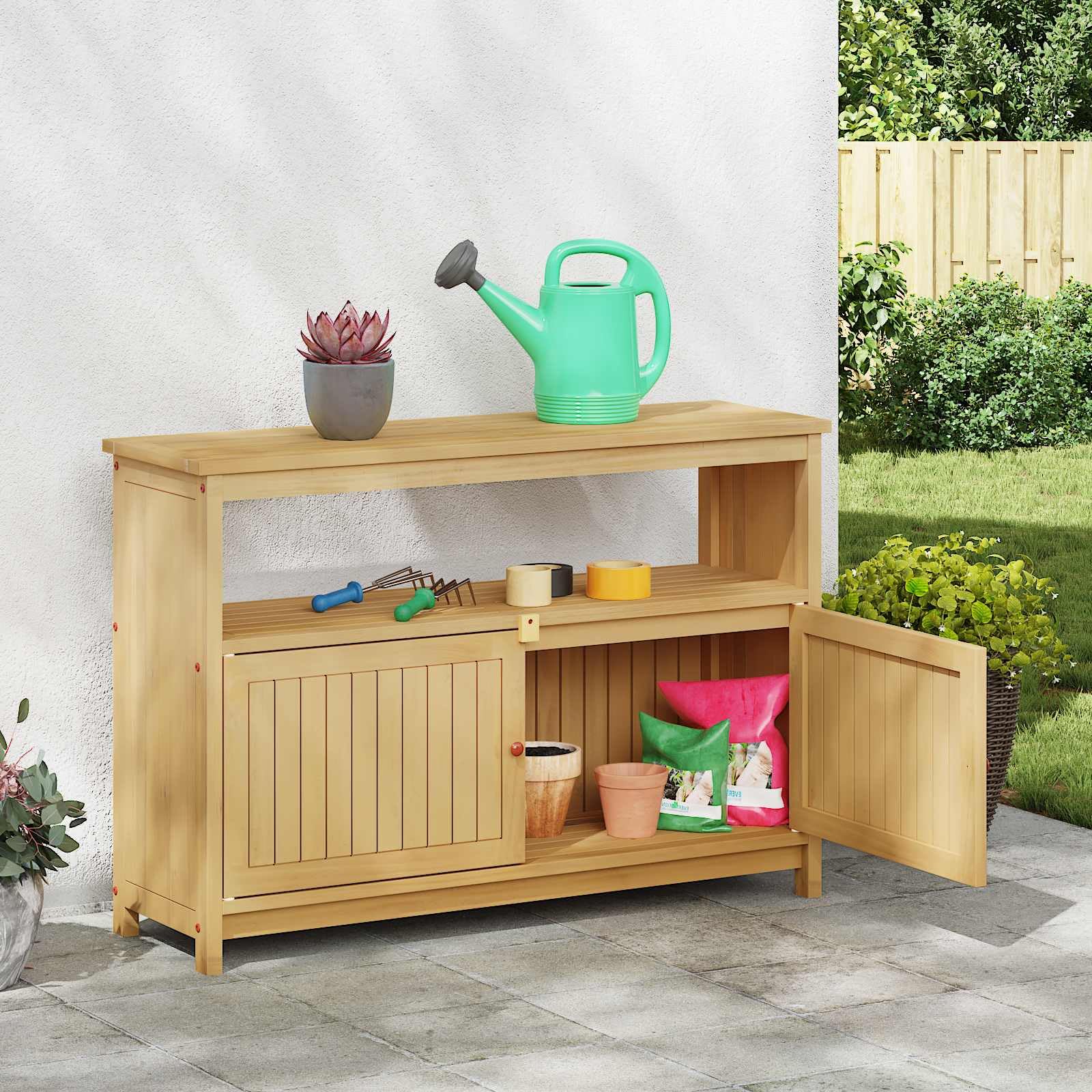 Tavolo da giardino in legno di acacia massiccio, 110 x 35 x 75 cm, con pratici ripiani, design impermeabile, per interni ed esterni, tavolo consolle rustico per organizzare e decorare