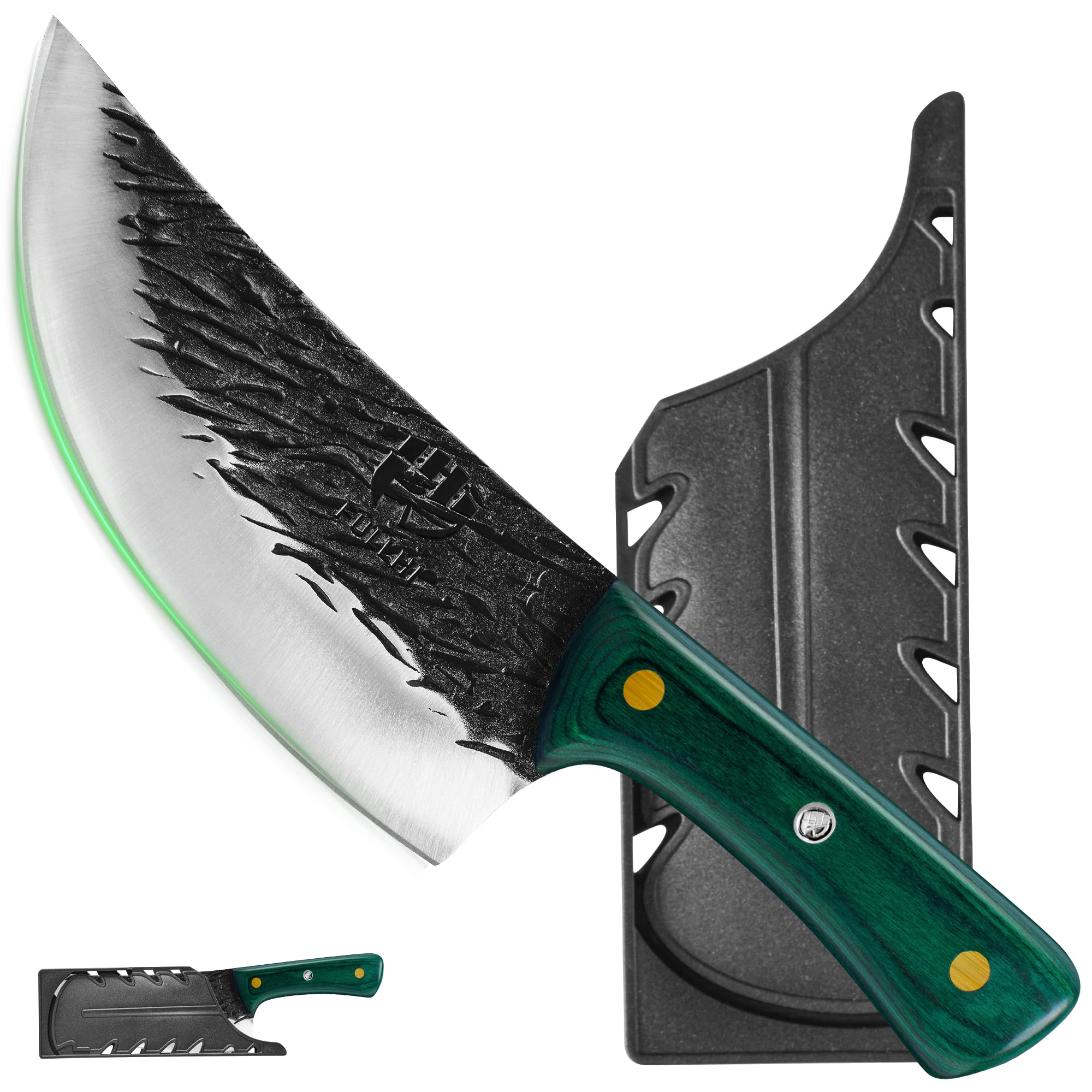 FULLHI Cuchillo de Carne con Mango de Madera y Funda, Cuchillo de Cocina de Acero al Carbono para Cortar Carne, Cocina al Aire Libre, Camping Barbacoa (Verde, 17cm)