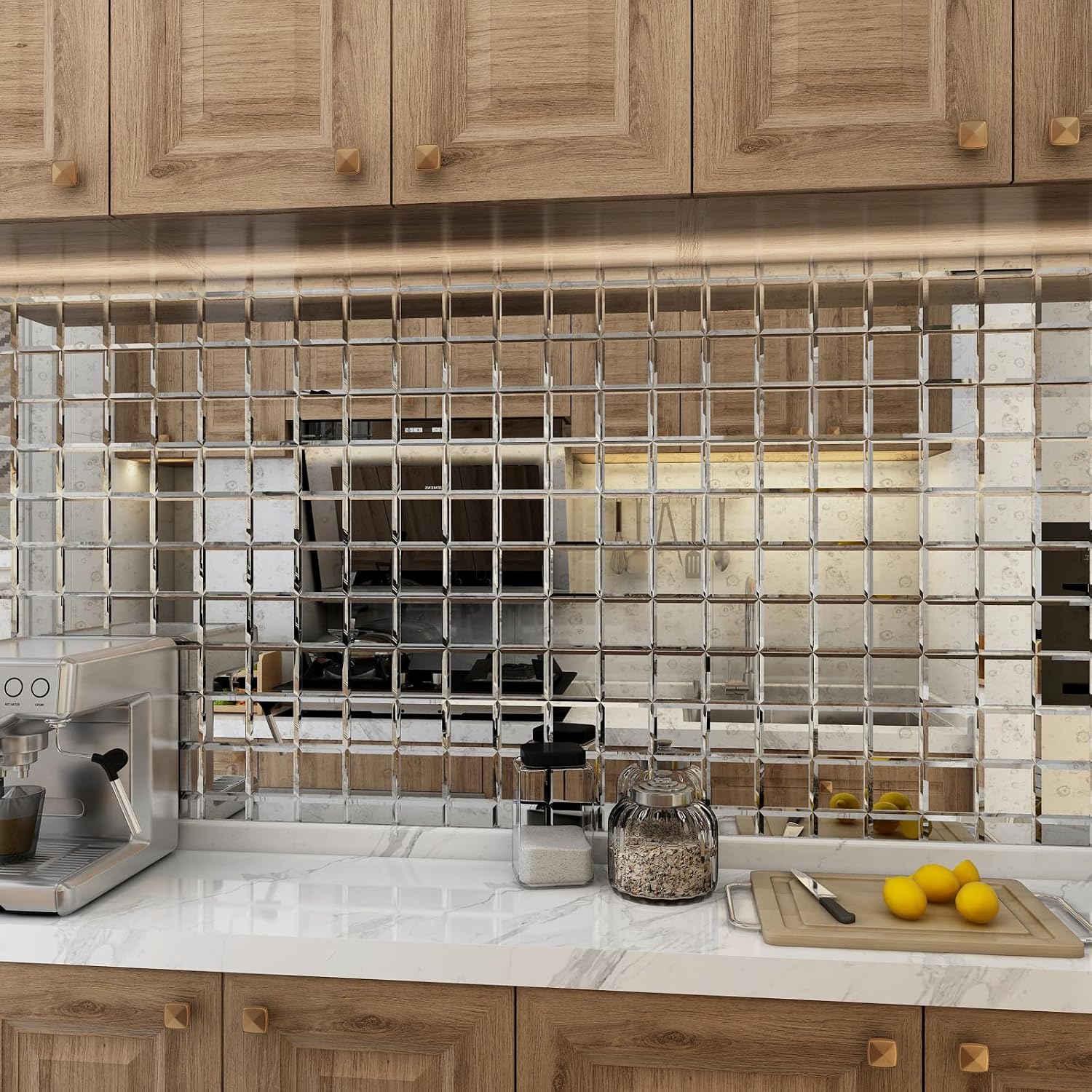 Peel and Stick Antique Mirror Beveled Glass Subway Tile 3 x 3 Inch for Kitchen Backsplash Bathroom Wall (32 Pcs