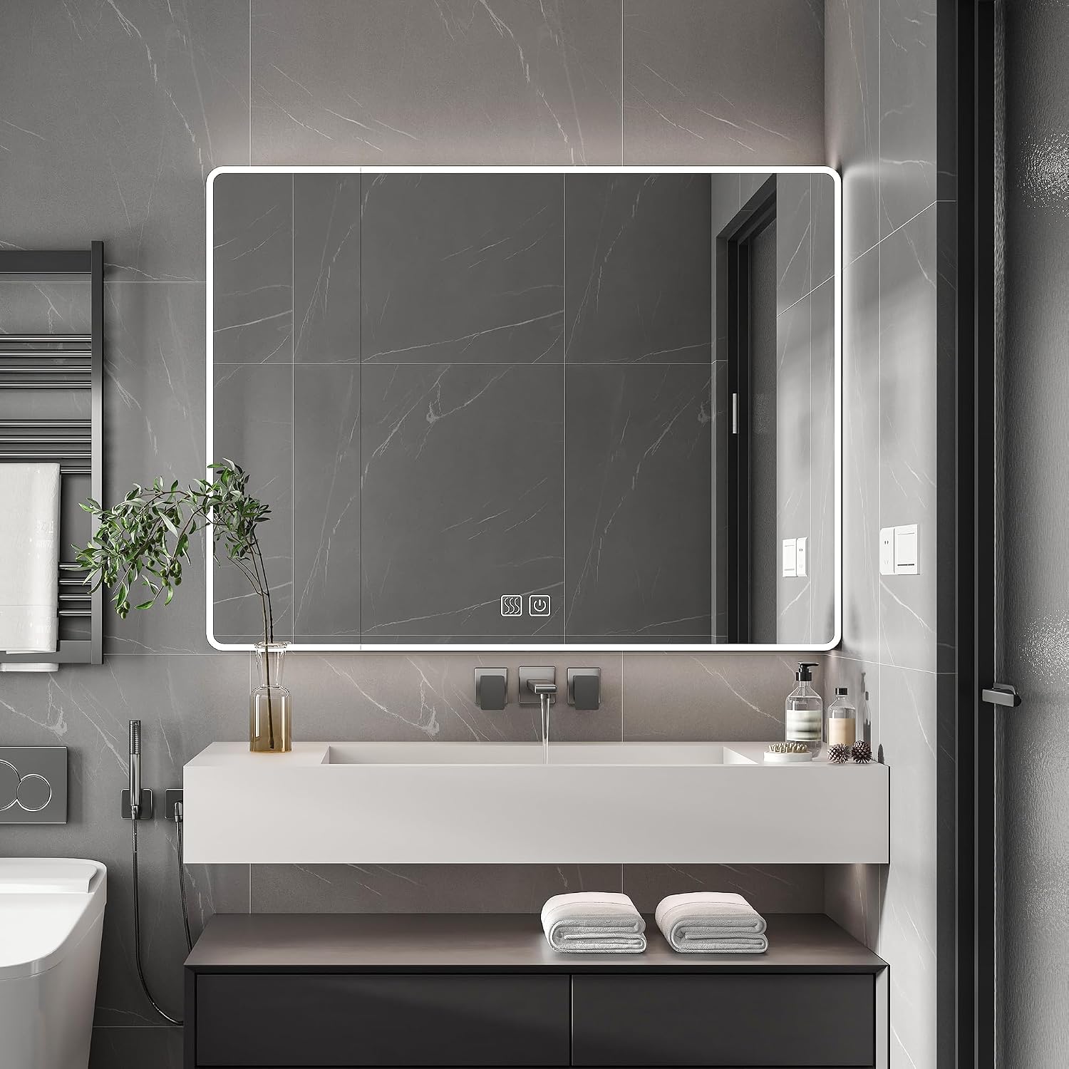 Leavader 35.4 x 27.6 Inches Aluminium Medicine Cabinet Mirror with 3 Colors LED Light, Defogging Function, Cosmetic Storage Rack & Hair Dryer Holder, Large White Bathroom Mirror Cabinet