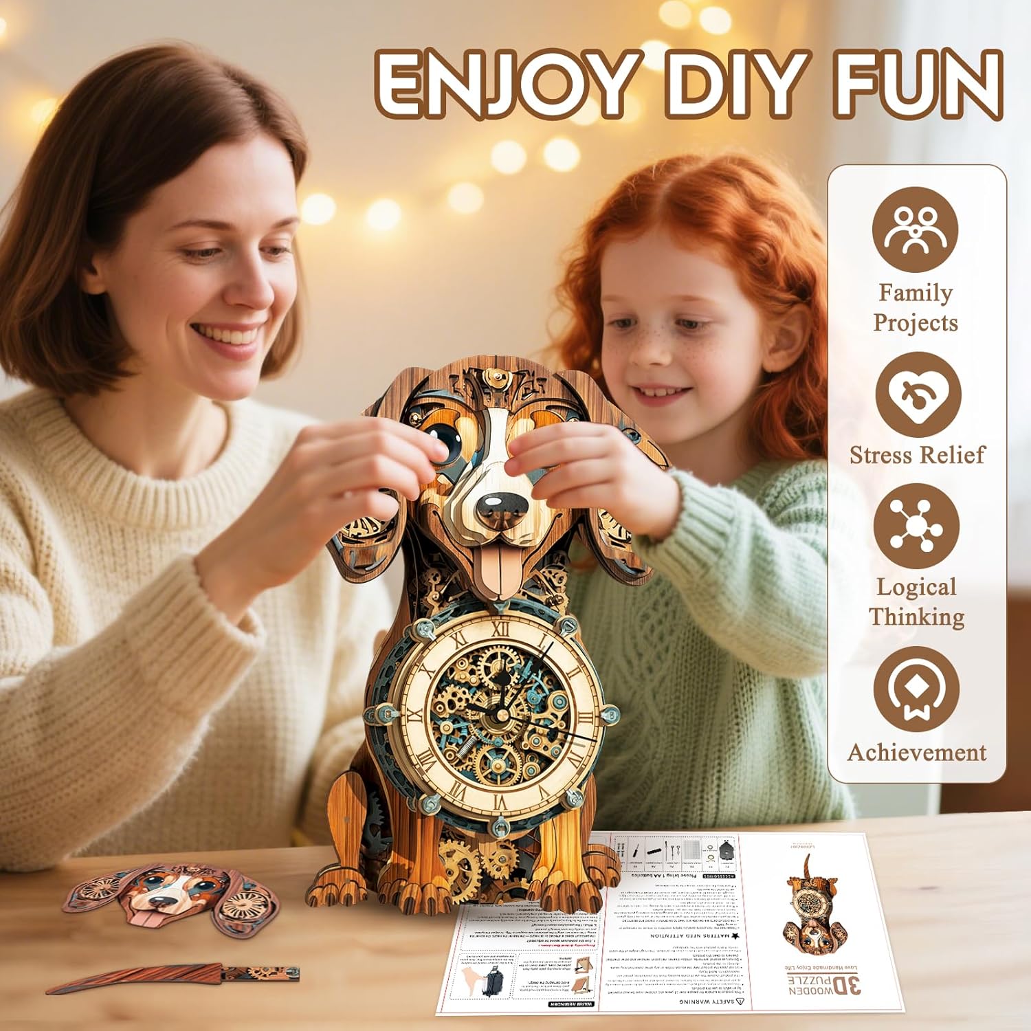 3D Puzzles for Adults Clock-Dachshund Design Model Kit-Mechanical DIY Pendulum Clock with Roman Numerals-Desk Home Office Decor Personalized Gift for DIY Lovers