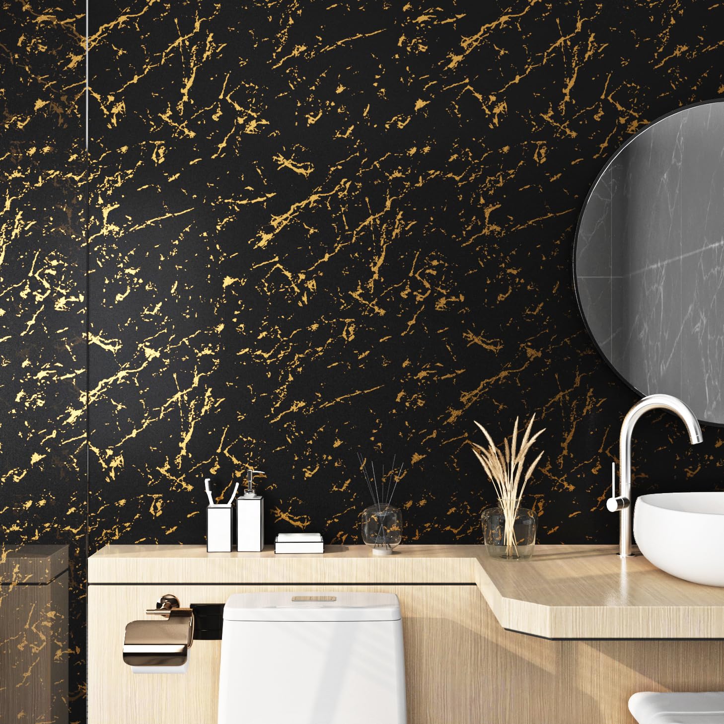 FunStick 60CMx5M Papel Pintado Pared Marmol Vinilo Adhesivo Negro y Dorado Vinilo Marmol Autoadhesivo Muebles Papel Adhesivo Encimera Cocina Vinilos Autoadhesivos Pared Cocina Baño Negro y Dorado