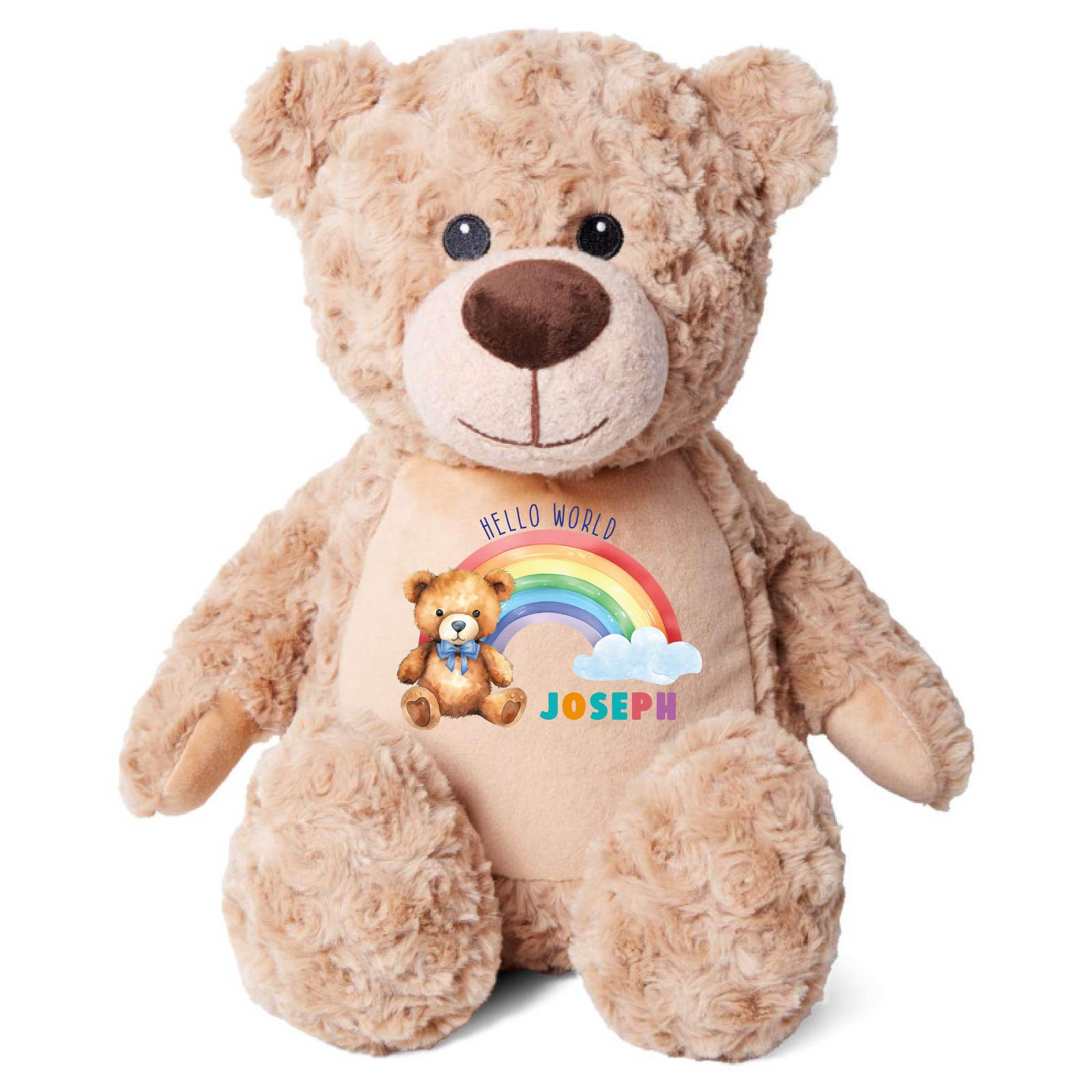 Crafted Memories Personalised Teddy Bear 40cm Tall with Hello World Rainbow Design, Custom Plush Stuffed Animal Gift for Babies, Cute Rainbow Teddy Bear with Personalised Name