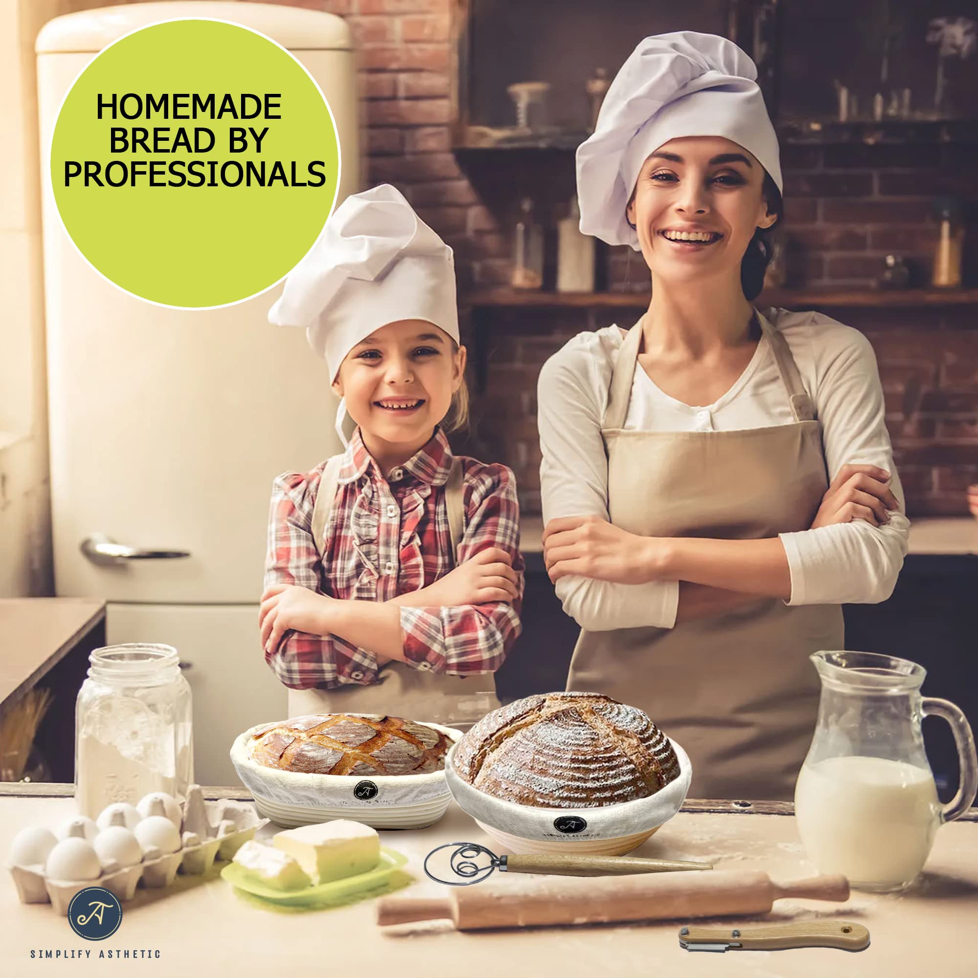 Banneton Brotgärkorb-Set – Brotbackzubehör – Brotbackzubehör – Brotbackwerkzeuge und Zubehör – Gärkörbe für Sauerteig, Brotbacken, Set von 7.6–22.9 cm, rund, 38.1 cm, Baguette mit 4 Backwerkzeugen