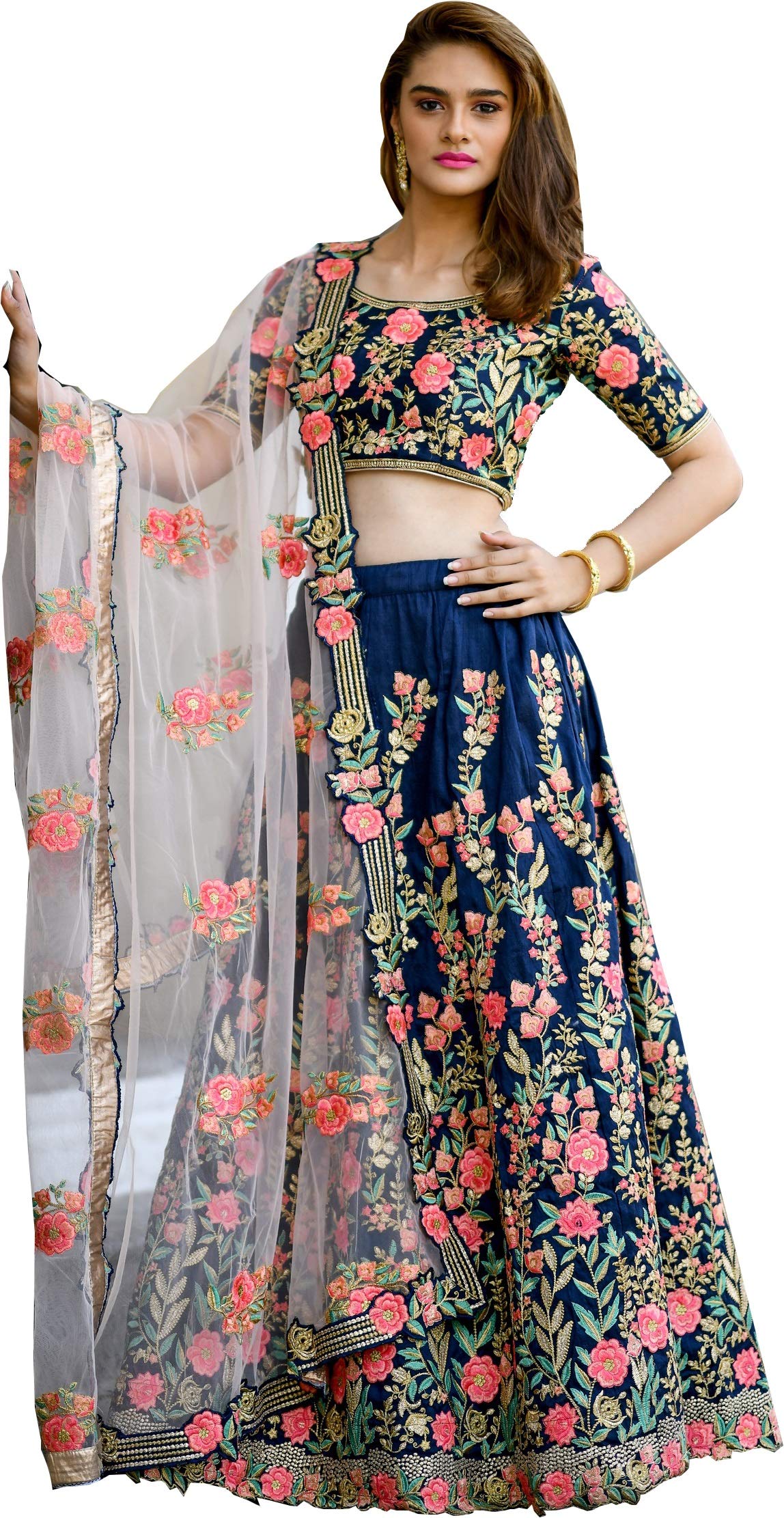 Divine International Trading CoWomen's Bridal Dulhan Collection Indian Wedding Silk Lehenga Choli With Dupatta (Navy Blue, Free Size)