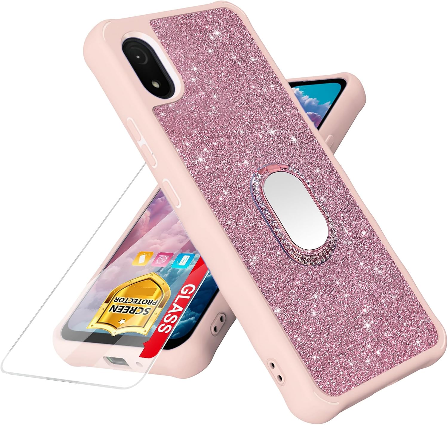 Compatible for Cloud Stratus C8 Leather Phone Case Cover with Tempered Glass Screen Protector Mirror Ring Glitter Powder Mobile Phone Holder