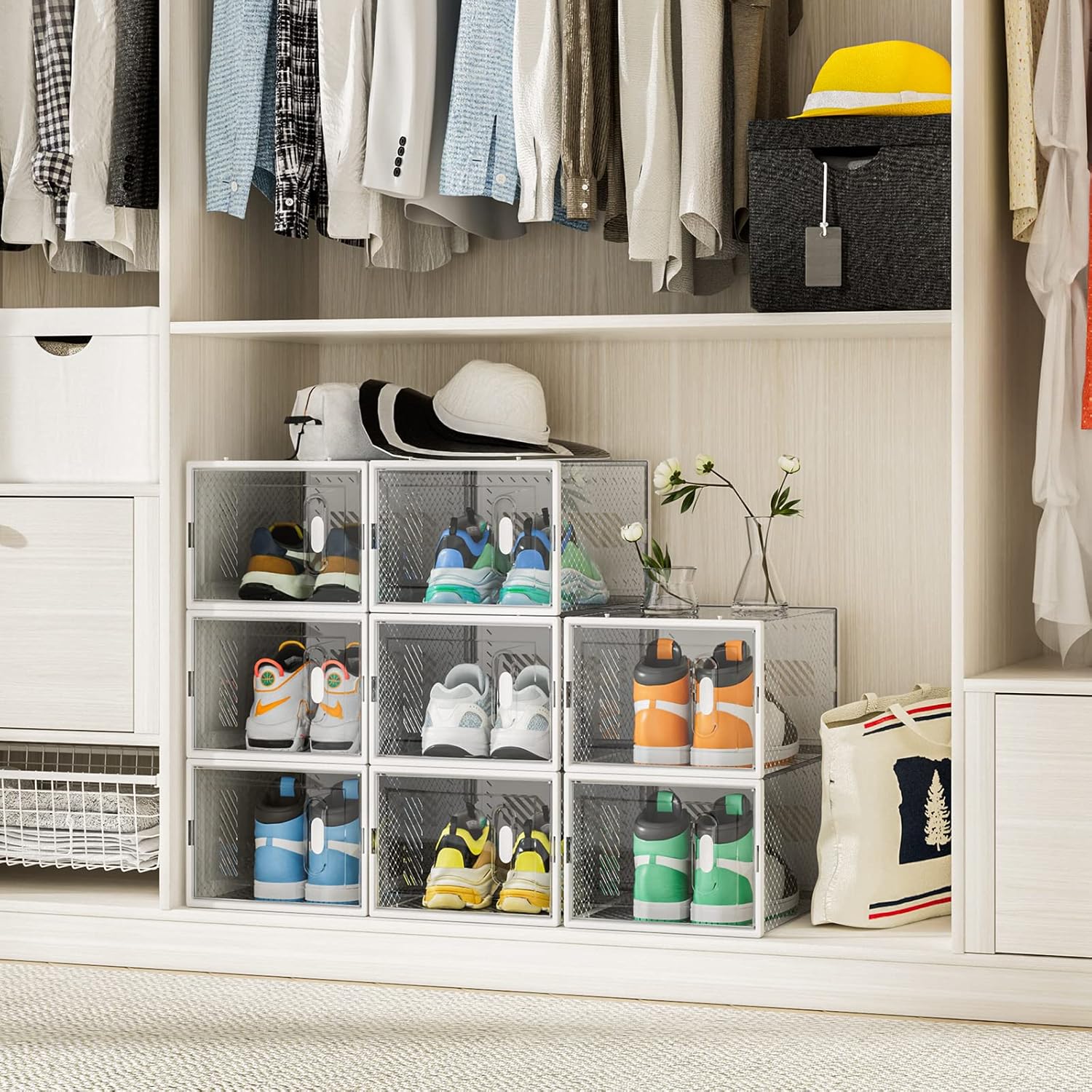 Shoe Storage Boxes Shoe Organizer for Closet, 6 Pack Shoe Boxes Clear Plastic Stackable Shoe Containers Under Bed Shoe Storage Foldable Sneaker Containers Bins Shoe Holder for Entryway, Closet Floor, Drop Front, Fit up to US Size 14 : Home & Kitchen