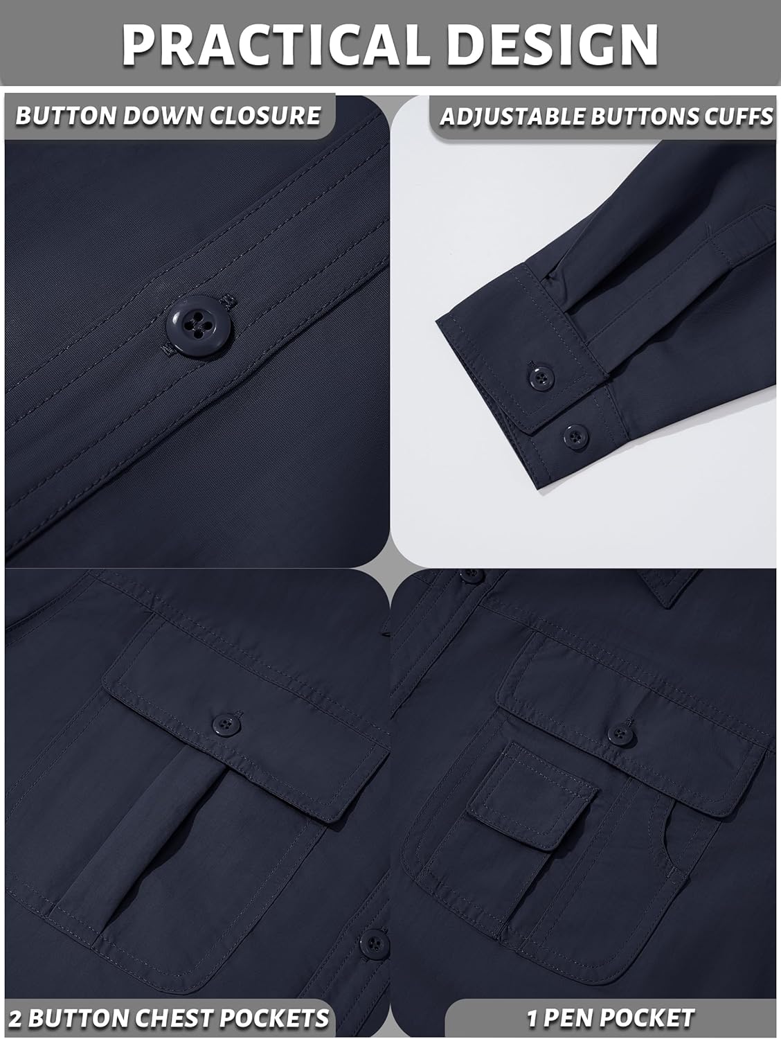 TACVASEN Men's Breathable Quick Dry UV Protection Solid Convertible Long Sleeve Shirt Navy X-Large