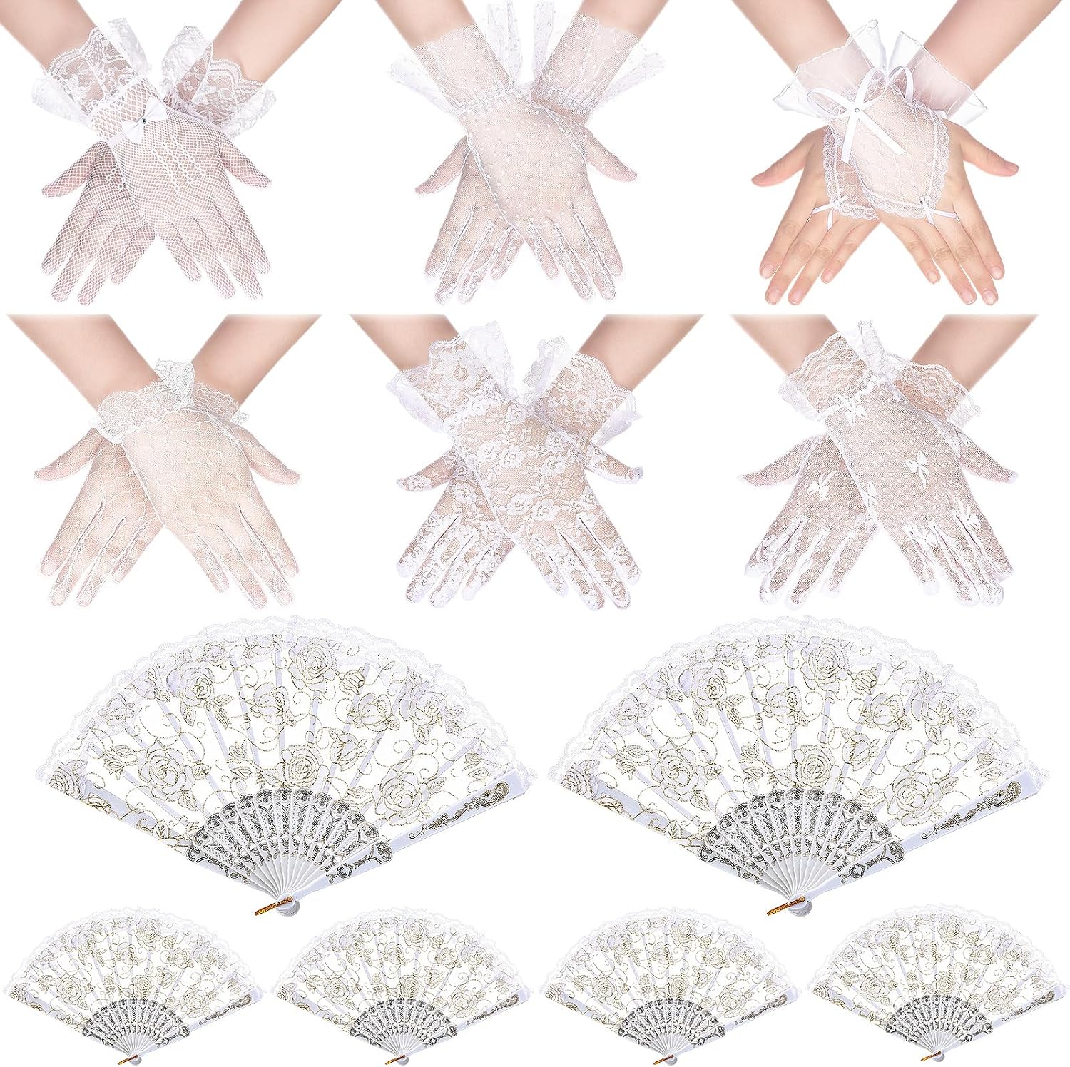 Shyyween 6 Pairs Tea Party Lace Gloves with 6 Pcs Rose Hand Fans for Women Elegant White Lace Gloves for Vintage Ladies Tea Party Wedding Accessories