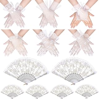 6 Pairs Tea Party Lace Gloves with 6 Pcs Rose Hand Fans for Women Elegant White Lace Gloves for Vintage Ladies Tea Party Wedding Accessories