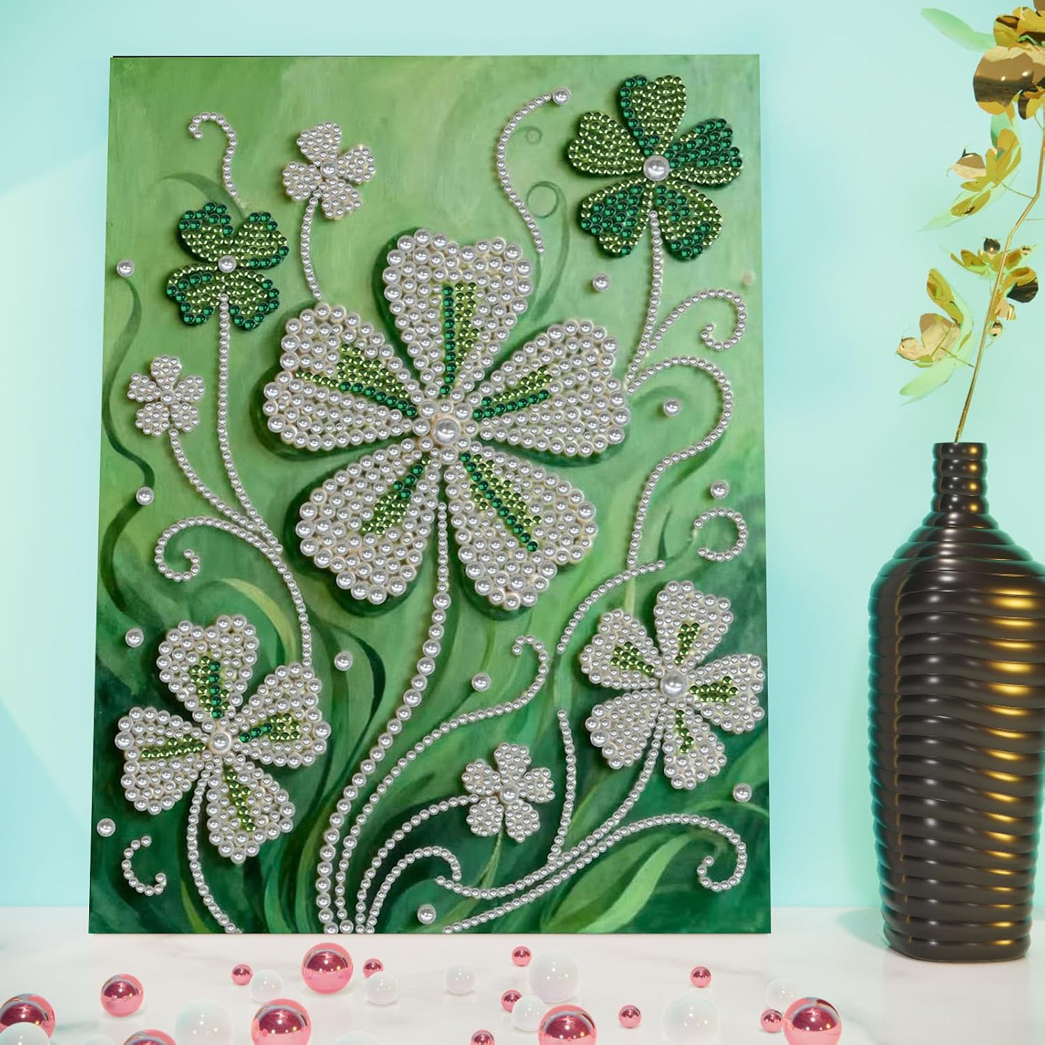 Sulunmo with Frame Diamond Art Kits for Adults,5D Pearl Art Diamond Painting Kits for Beginners,DIY Diamond Dots Pearl Paintings Picture Arts Craft for Adults,Home Wall Decor (Lucky Clover) 30 * 40cm