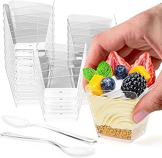 Exquisite Mini Dessert Cups with Spoons 196 pcs - 3.1 Oz Square Plastic Dessert Cups Disposable with Tasting Spoons 96 sets | Mini Parfait Cup | Appetizer Cup for Party