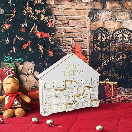Miniatura 6 de Roseeyo Calendario de Adviento de 24 días decorado con 24 cajones de almacenamiento, cuenta regresiva de madera blanca para calendario de Navidad