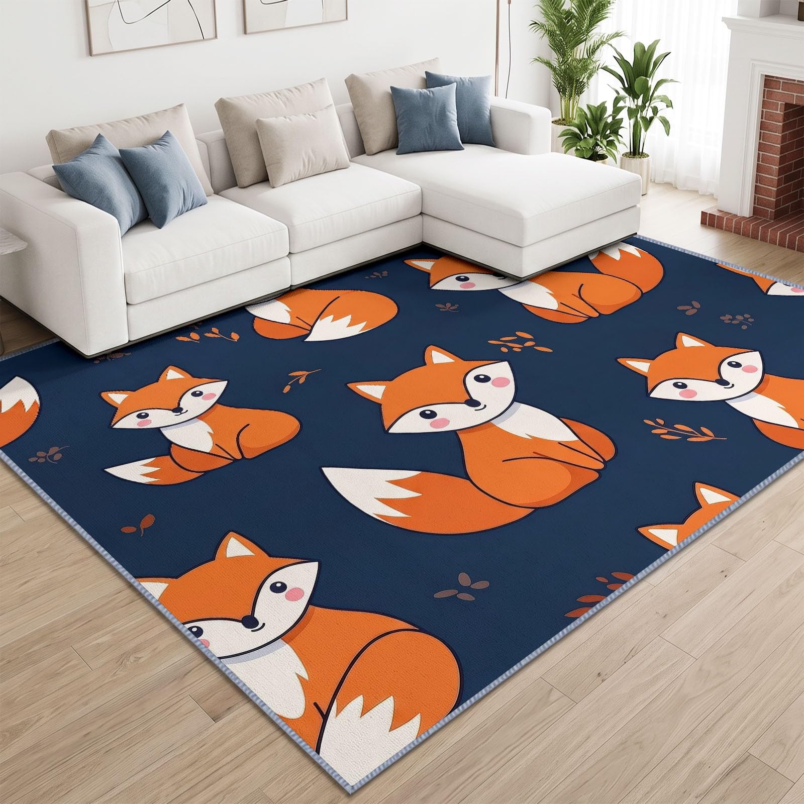 Scandinave Pastoral Tapis Salon 160 x 230 cm, Lavable Animal Renard Roux Feuilles Mortes Tapis à Faible Poil Chambre à Coucher Antidérapant pour Salle à Manger Chambre d'enfants Bureau à Domicile