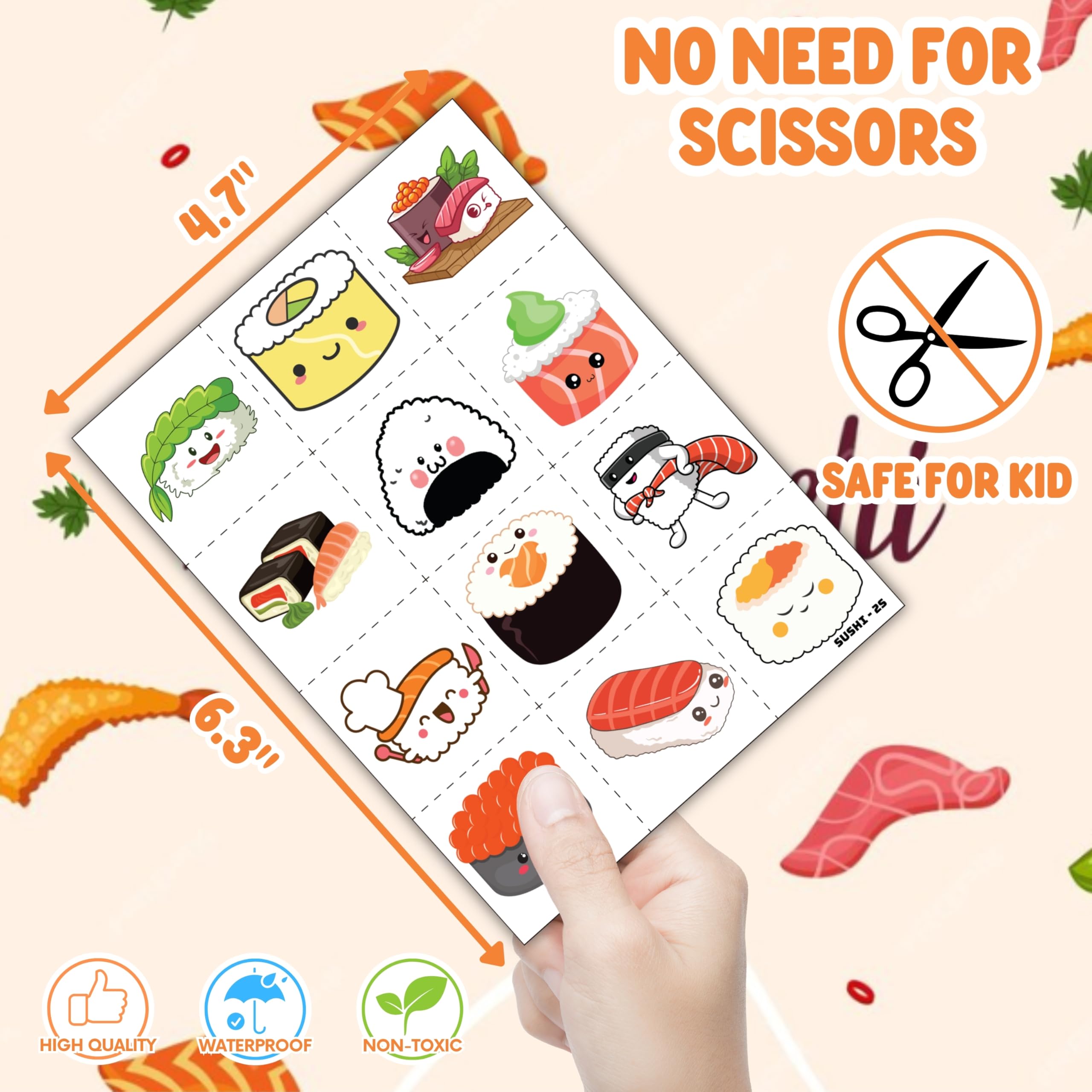 48PCS Sushi Party Set - 24PCS Temporary Pre - cut Tattoos & 24PCS Slap Bracelets - Fun Food-Themed Birthday Supplies, Baby Shower Gifts, Classroom Rewards & Party Decor for Kids (Boys & Girls)