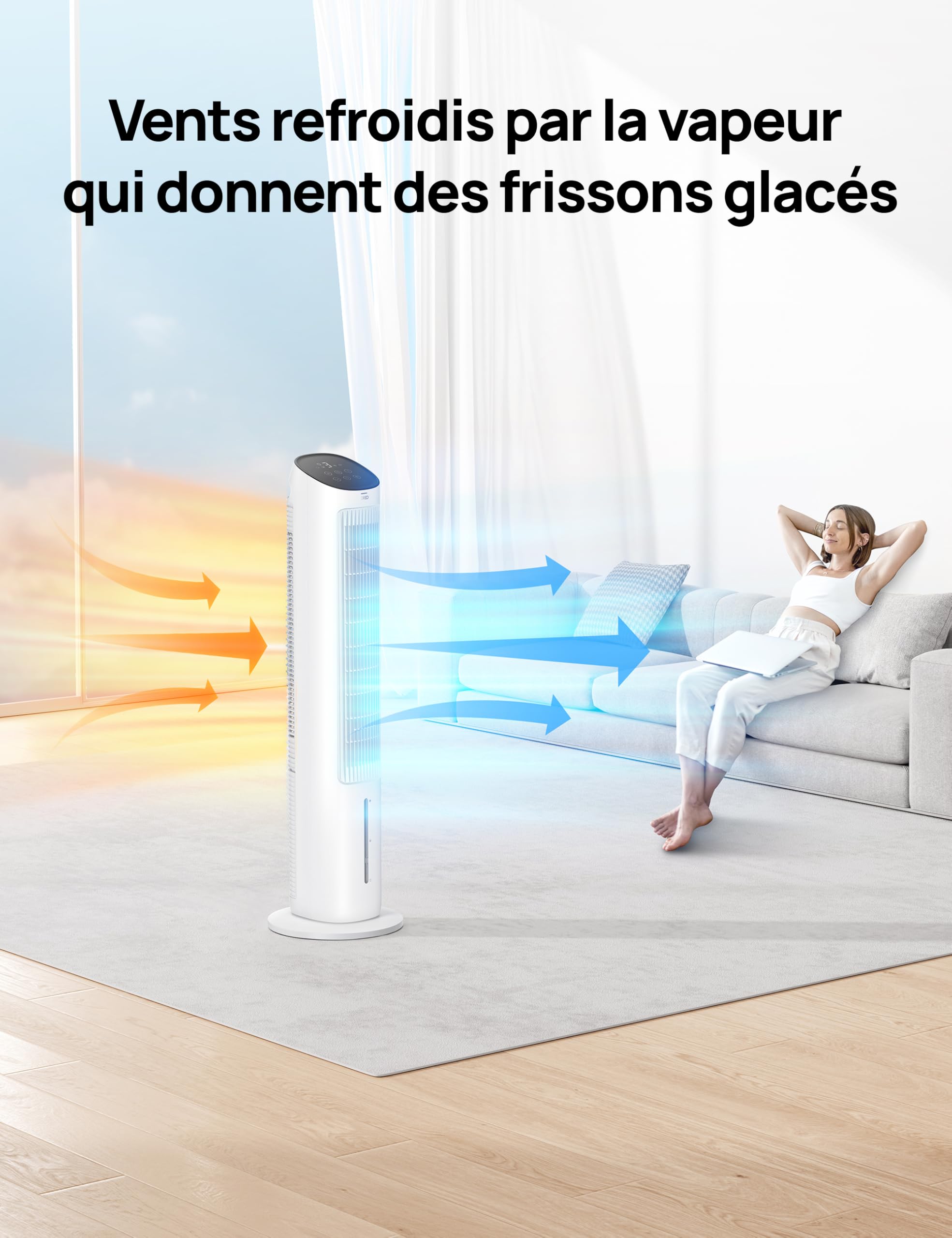 DREO Ventilateur Tour avec Refroidissement, Ventilateur Silencieux avec Refroidissement par Eau, Rafraîchisseur d’Air Évaporatif 40 Pouces, Oscillation à 80°, 3 Modes, 4 Vitesses, Télécommande, Blanc
