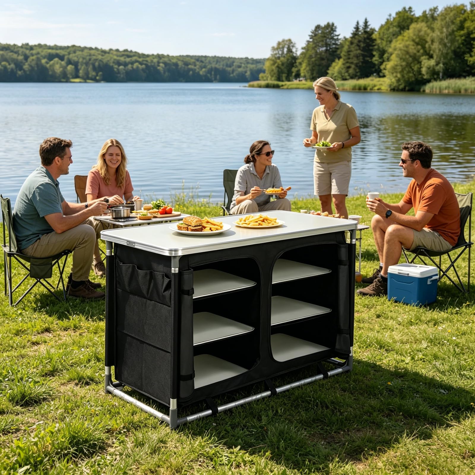 Składana kuchnia kempingowa z aluminiową ramą, 6 przegródek i 1 powierzchnia stołu z płyty MDF, stabilna szafka kempingowa z drzwiami z tkaniny, szafka namiotowa Oxford 600D, pudełko