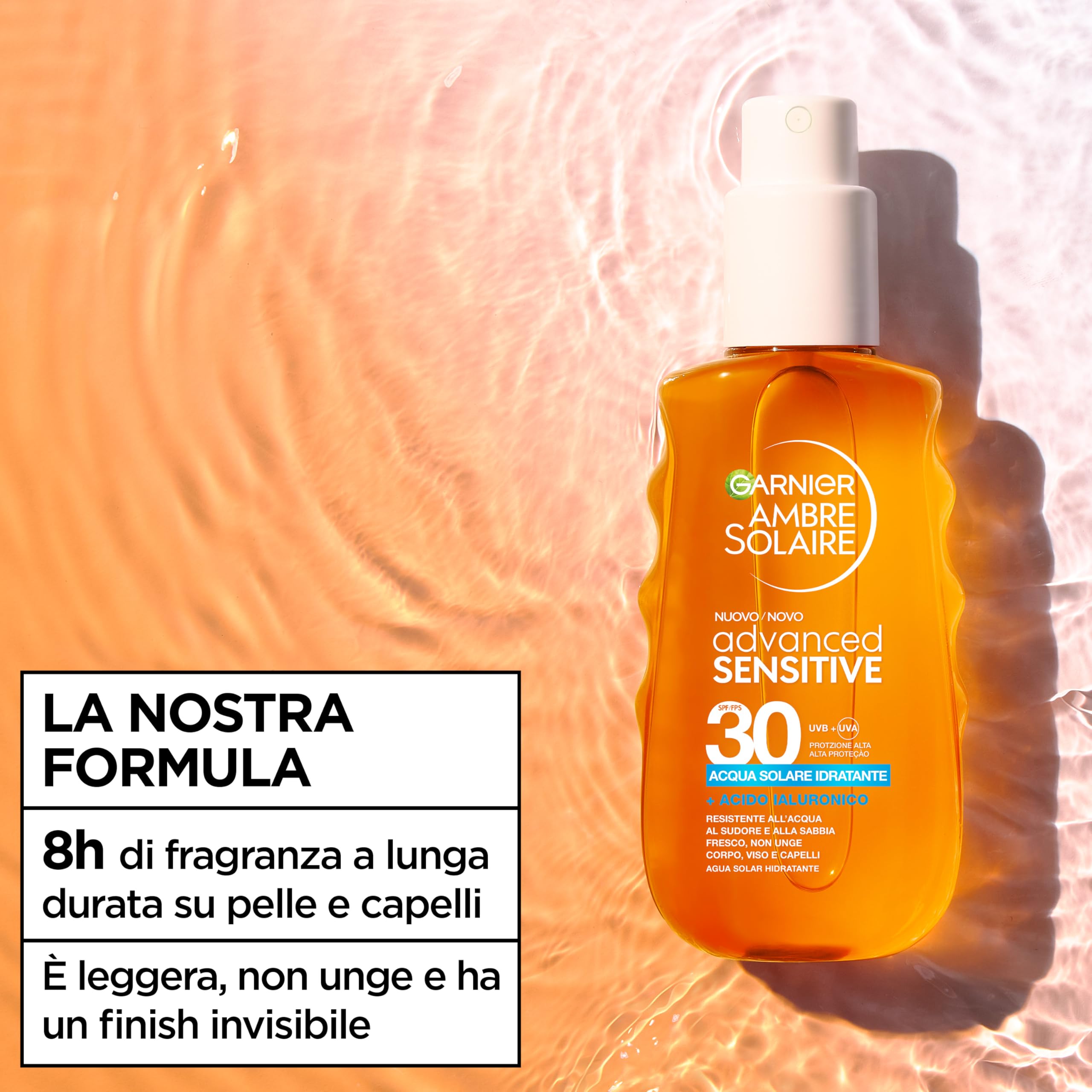 Garnier Acqua Solare Idratante SPF 30, Per Tutti i Tipi di Pelle, Idratazione e Protezione dagli UV, Resistente ad Acqua, Sudore e Sabbia, Finish Invisibile, Ambre Solaire Advanced Sensitive, 150 ml