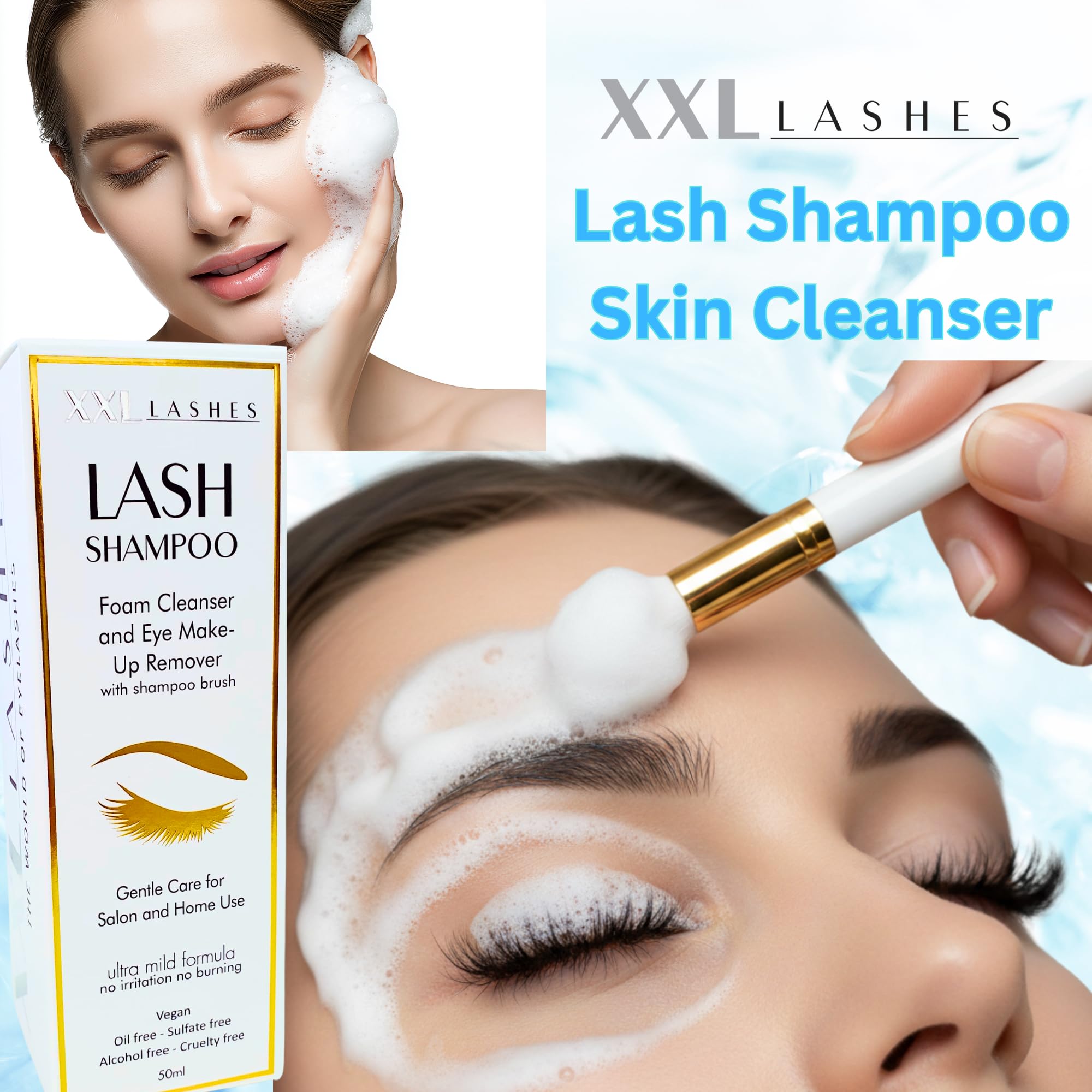 XXL Lashes Shampoo per extension ciglia, detergente schiumogeno, struccante, 50 ml con spazzolino per shampoo per ciglia e sopracciglia, cura ciglia con pennello per lavaggio