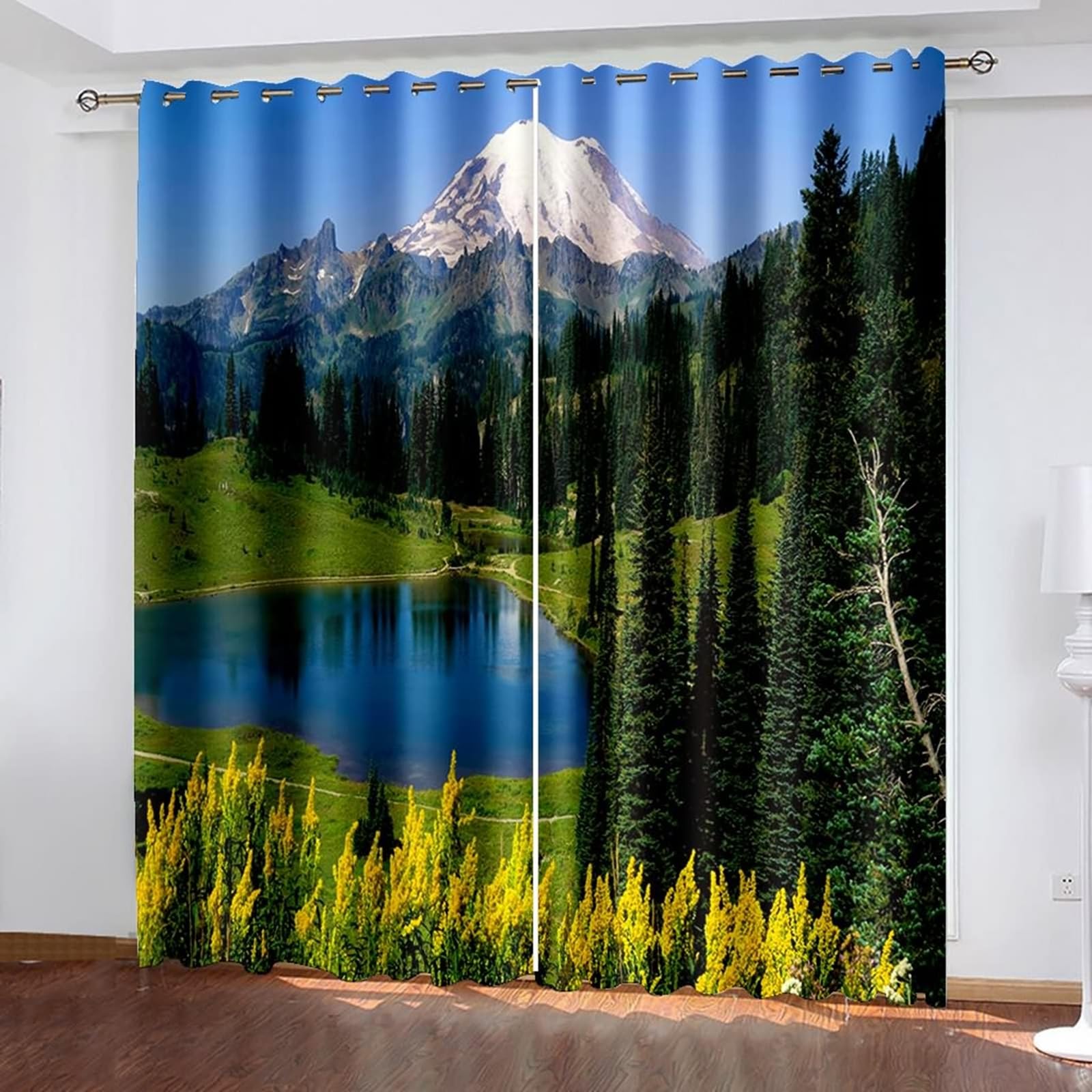 Vorhänge Thermo Verdunkelung 274 cm Lang, Vorhang Blickdicht mit Ösen 2er Set Blau Grün See und Berg Wald Landschaft Gardinen für Wohnzimmer Schlafzimmer Kinderzimmer, 244x274 cm(BxH)