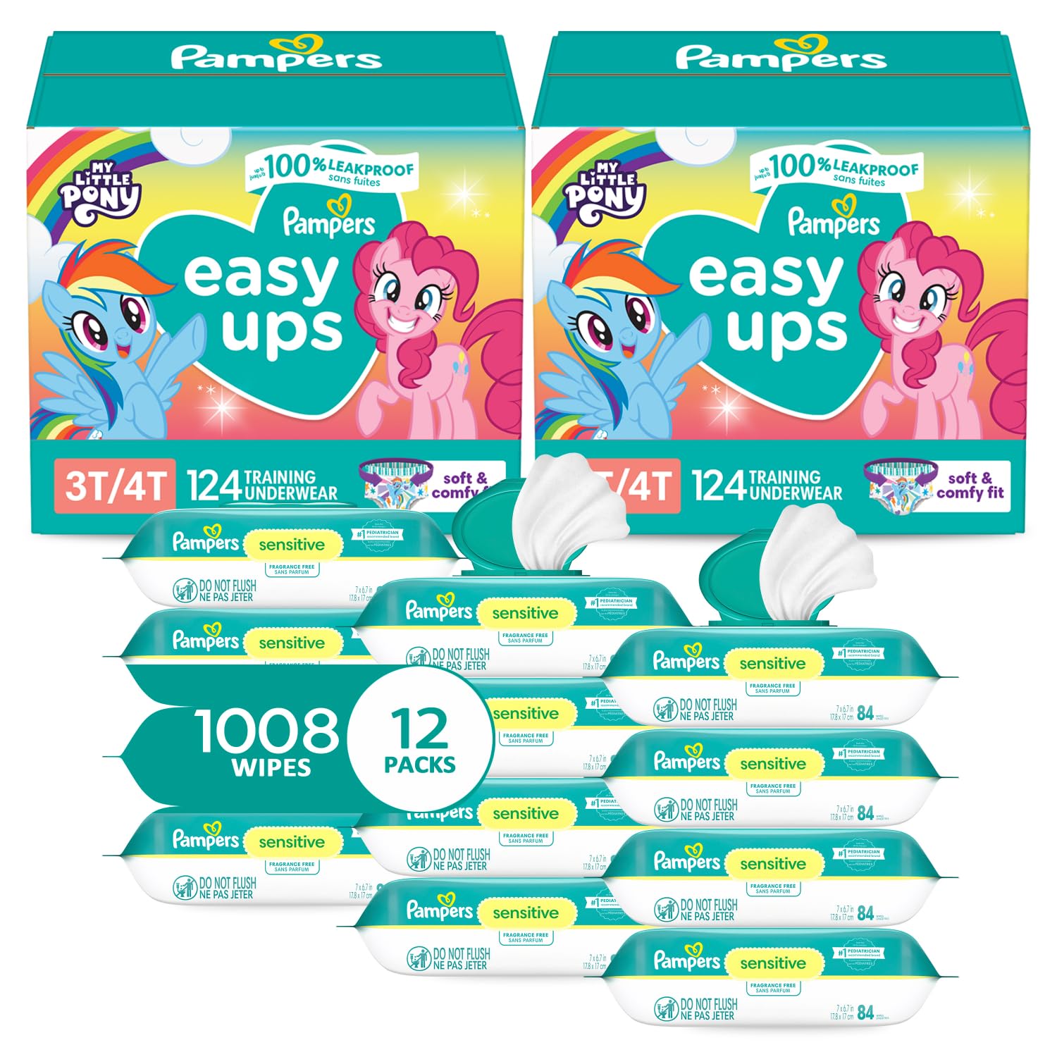 PampersEasy Ups Pull On Training Underwear Girls, 3T-4T, 2 Month Supply (2 x 124 Count) with Sensitive Water Based Baby Wipes 12X Multi Pack Pop-Top and Refill (1008 Count)