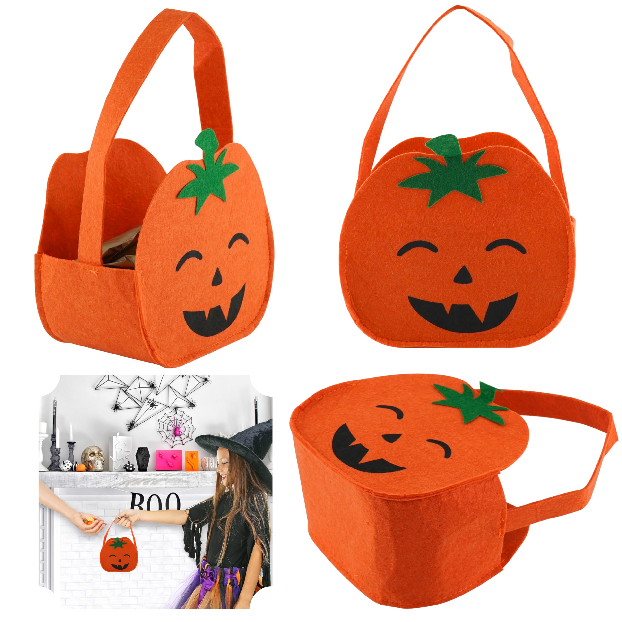 SRV Hub 3PCs Pumpkin Candy Bags 27cm - Halloween Trick or Treat Bucket, Halloween Baskets Goodie Handbag Non Woven Reusable, Halloween Tote Sweet Baskets for Kids Party Favours
