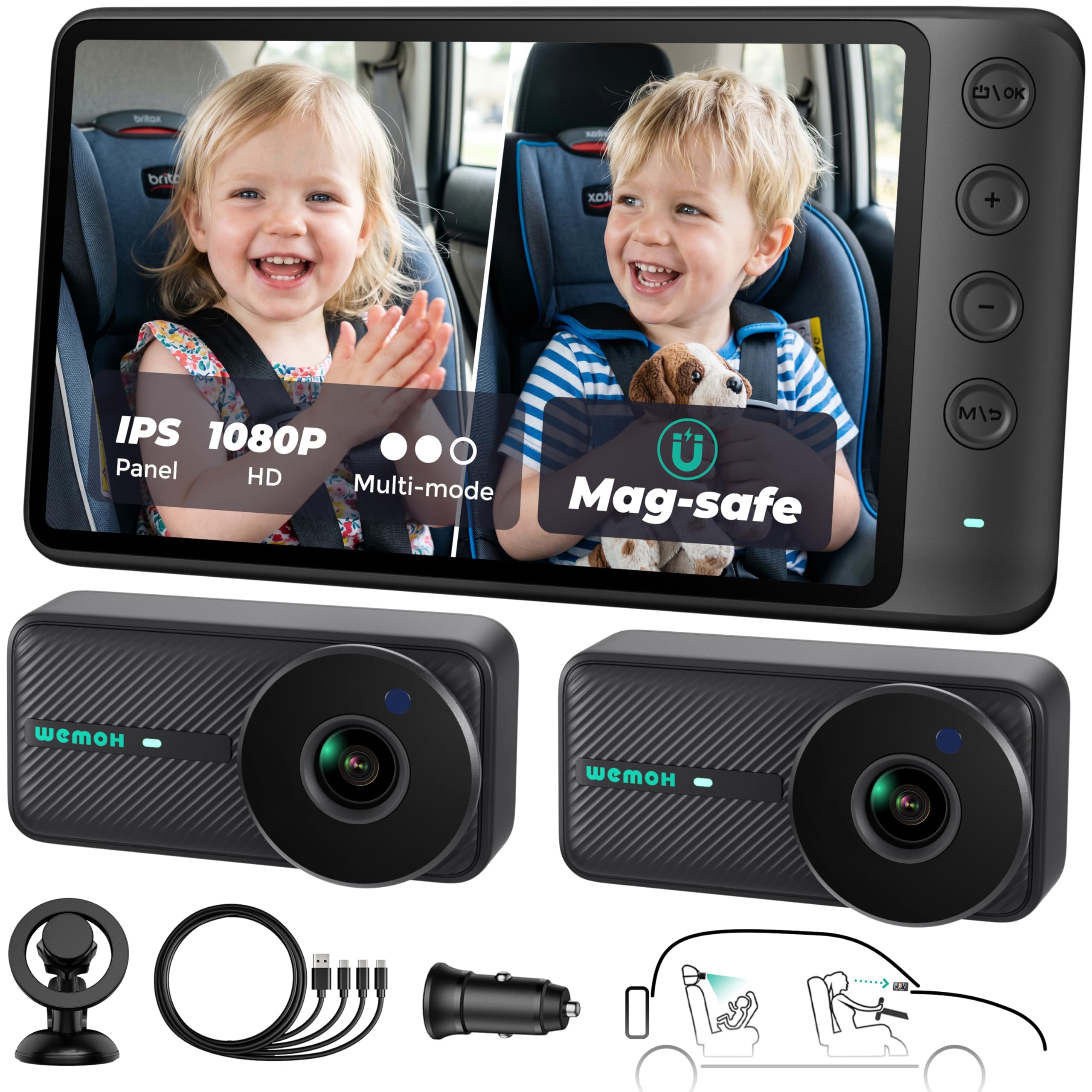 Magnetic Dual Baby Car Camera for Two Kids