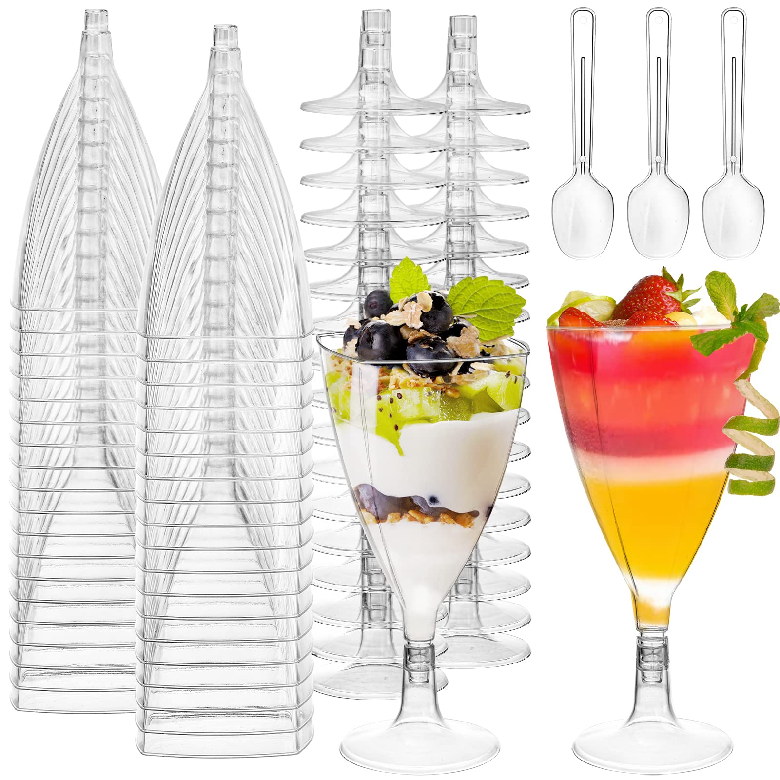 Foraineam 100 Pack Clear Dessert Cups with Spoons, Plastic Wine Glasses, 7 oz Plastic Champagne Flutes Cocktail Glasses Mousse Cups, Reusable Stemmed