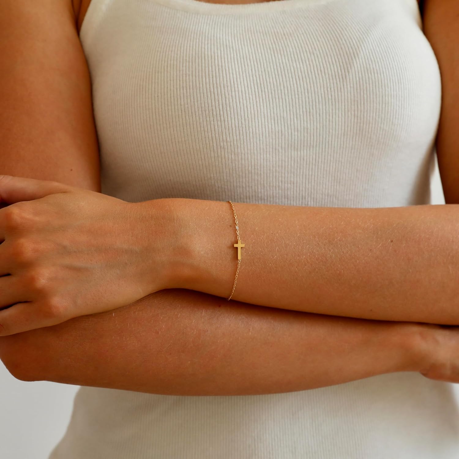 18K Gold Plated Cross Bracelet for Women Dainty Gold Bead Cross Bracelet Adjustable Simple Link Chain Bracelets Faith Confirmation Jewelry Gifts - Image 5