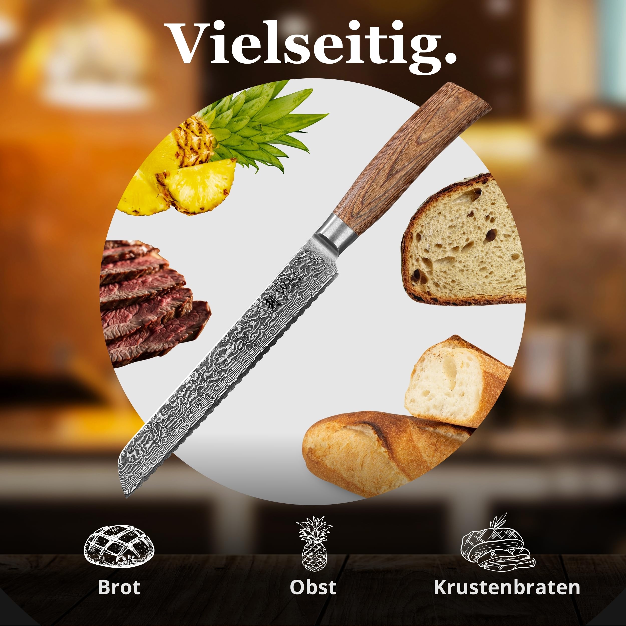 Wakoli EDIB Pro Brotmesser, 20 cm Klinge aus Damaststahl mit VG10 Kern | Wellenschliff für Brot, Brötchen, Baguette und Kuchen; 67 Lagen, 60 ± 2 HRC, 34 cm Gesamtlänge, Pakkaholzgriff, Geschenkbox