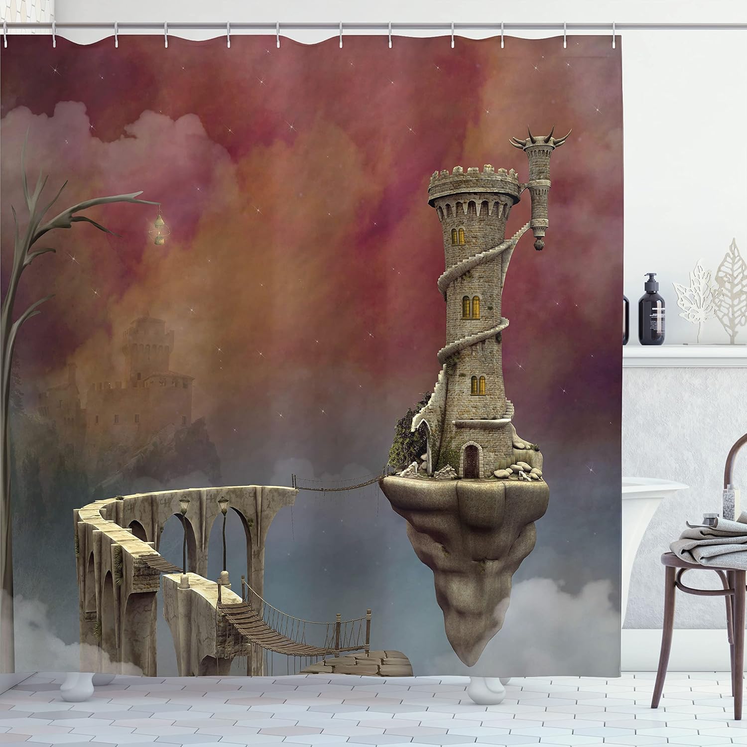 Ambesonne Fantasy Shower Curtain, Medieval Castle High Clouds in The Foggy Mist Air Scenery, Cloth Fabric Bathroom Decor Set with Hooks, 69" W x 84" L, Tan Coral Blue