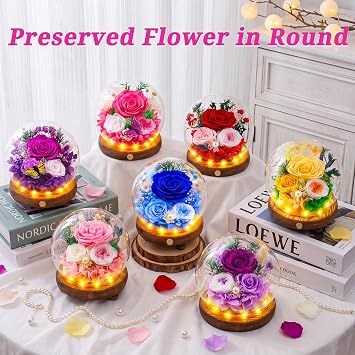 Elover Preserved Roses in Glass Dome with LED Light – Long Lasting Real Flowers,Forever Eternal Rose for Mother's Day,Valentine's Day,Birthday Gifts for Women,Mum,Wife,Girlfriend (Pink)