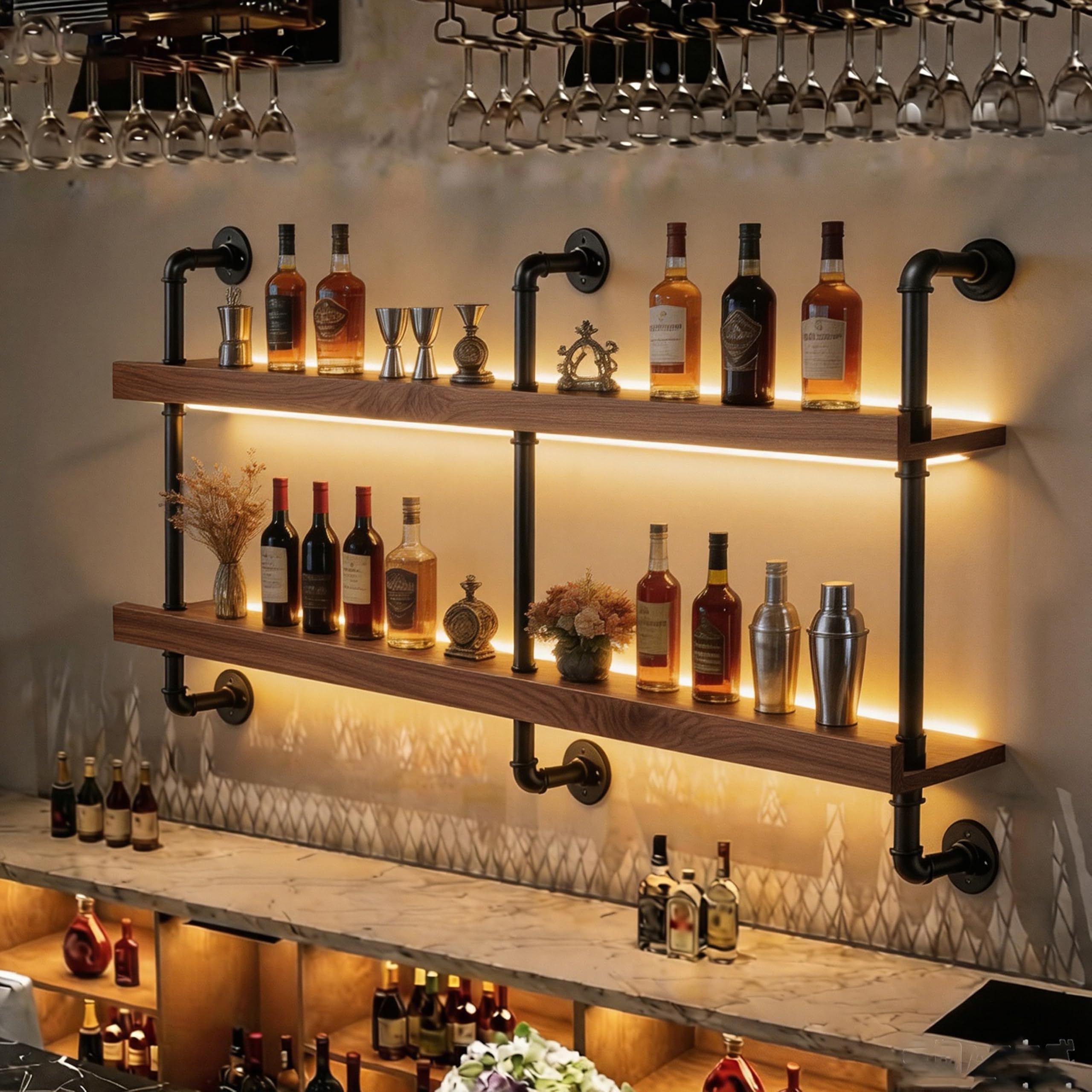 Wall Mounted Wine Rack with LED Light - 2-Tier Solid Wood Industrial Rustic Floating Shelves, Bottle Storage Organizer for Kitchen, Bar, Pub, Cellar, Home Bar (Walnut, 2-155cm/61in)