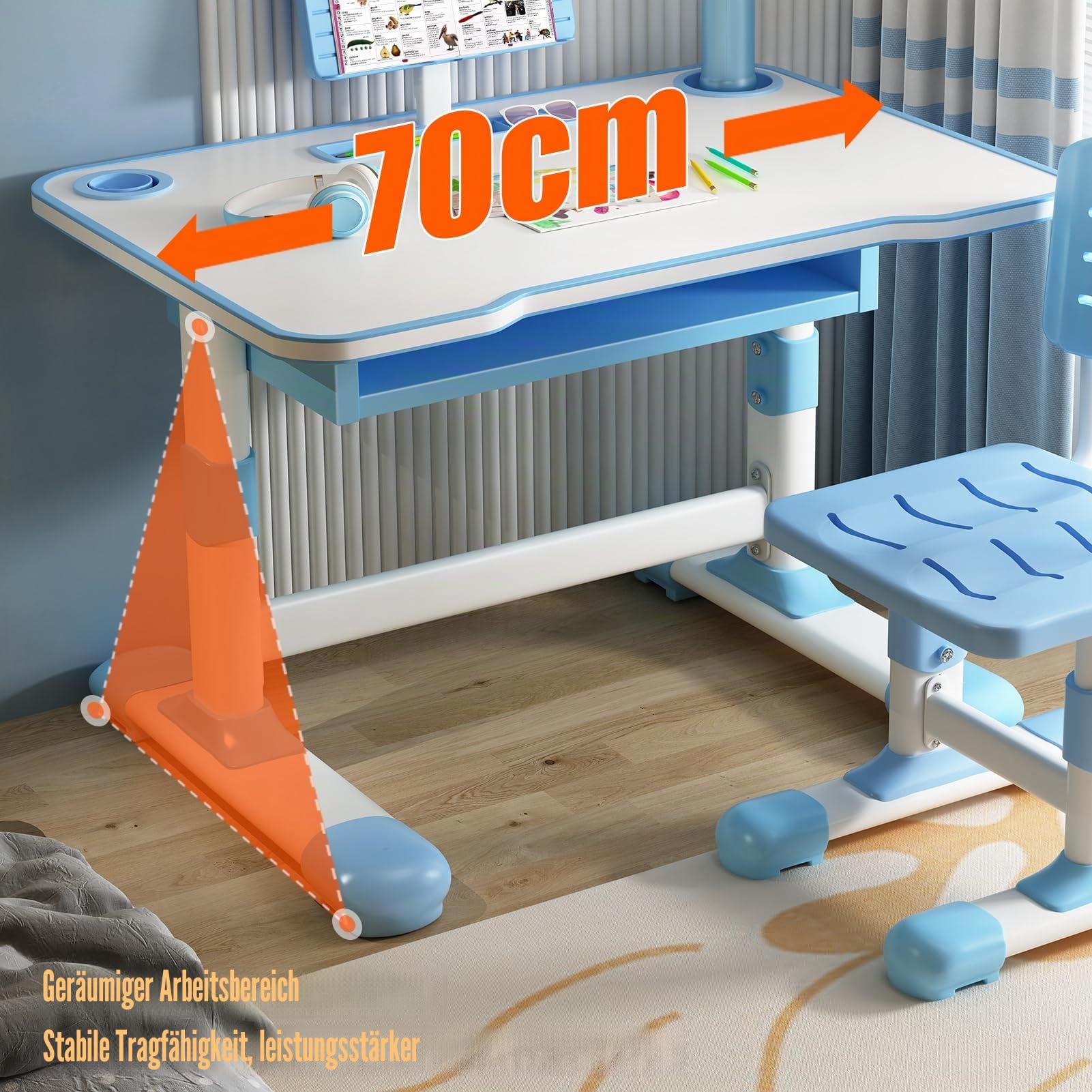 Höhenverstellbarer Schreibtisch und Stuhl für Kinder, höhenverstellbarer Arbeitsschreibtisch mit neigbarem Leseständer, extra breite Schublade, LED-Schreibtischlampe, für Kinder von 3 bis 18