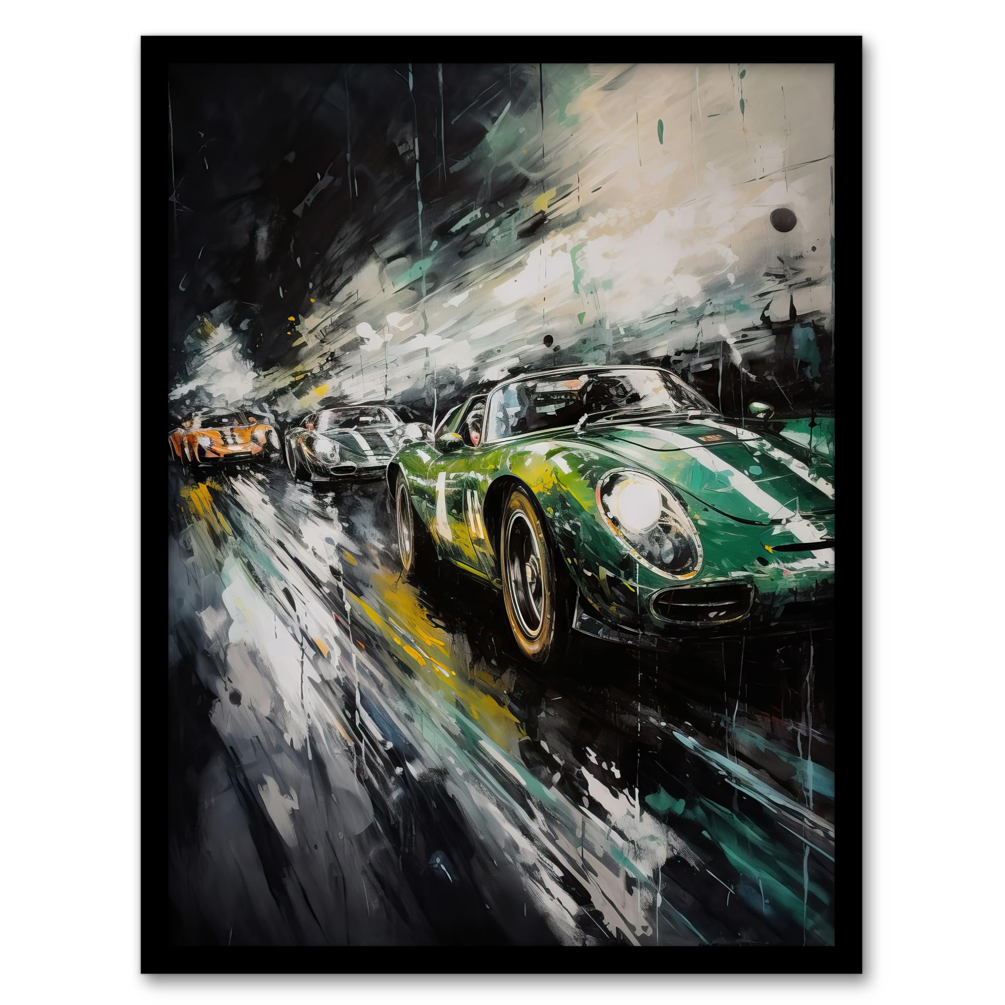 Artery8 Classic Race Cars Night Scene British Racing Green Motorsport Fan For Him Man Cave Artwork Framed Wall Art Print A4