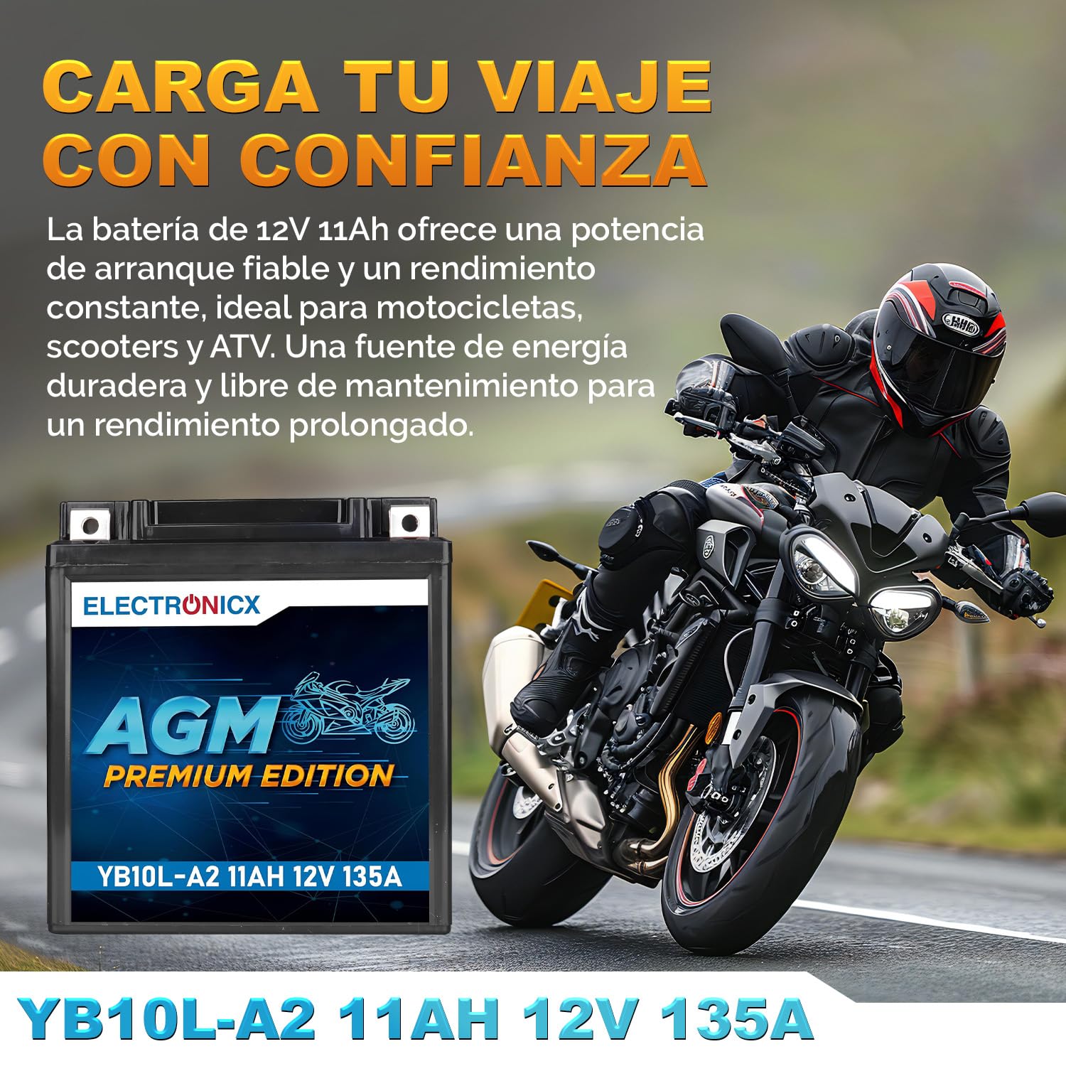 Electronicx batería de moto AGM YB10L-A2 12V 11Ah – batería de arranque sellada sin mantenimiento, tecnología AGM 135A CCA – scooter, quad, ATV – compacta, resistente a vibraciones, lista para usar