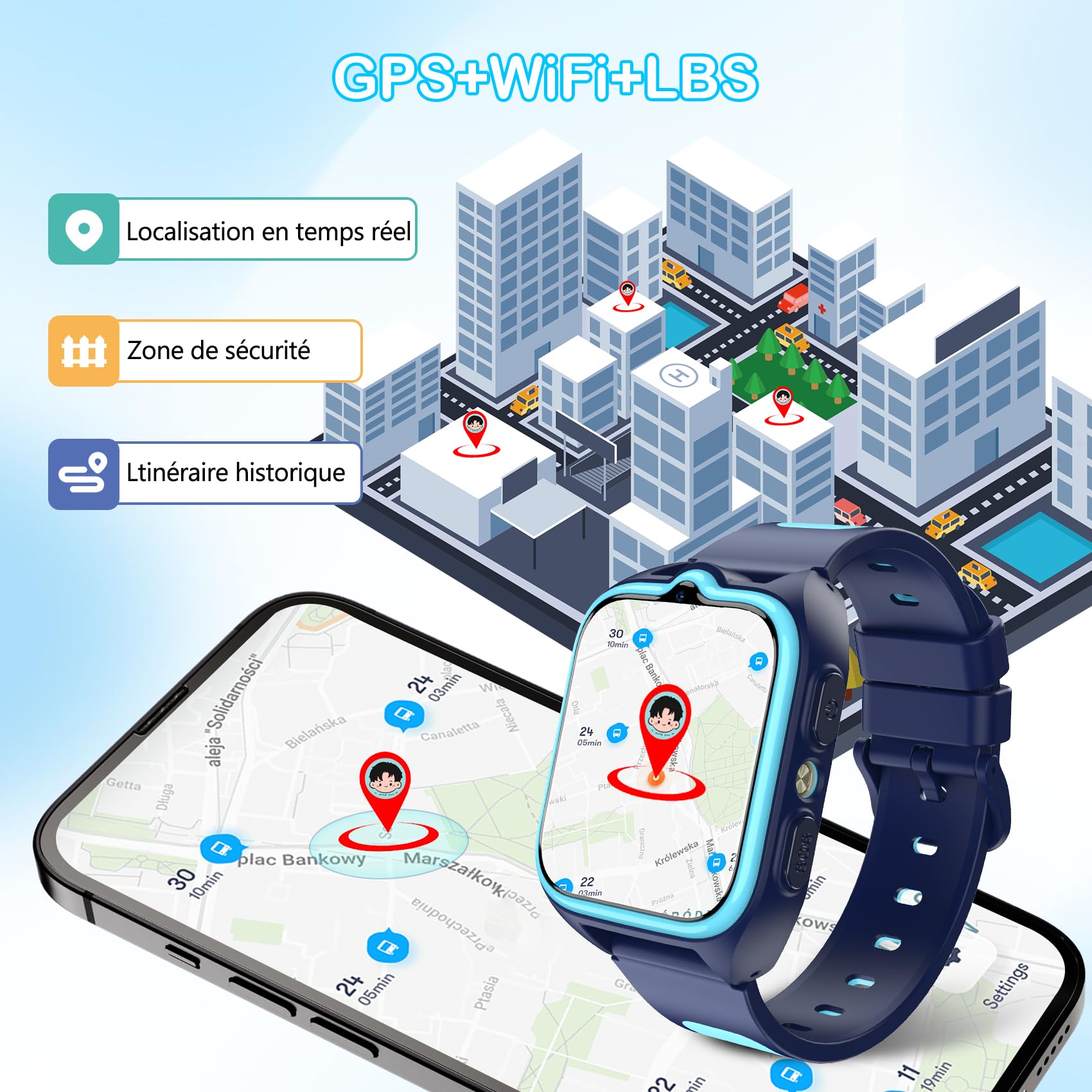 IOWODO Montre Connectée Enfants | GPS Traceur + SOS Appel Urgence | Batterie | Appels Vidéo et Chat Vocal |Mode école et Zones de Sécurité | 5-12 Ans (Bleu)
