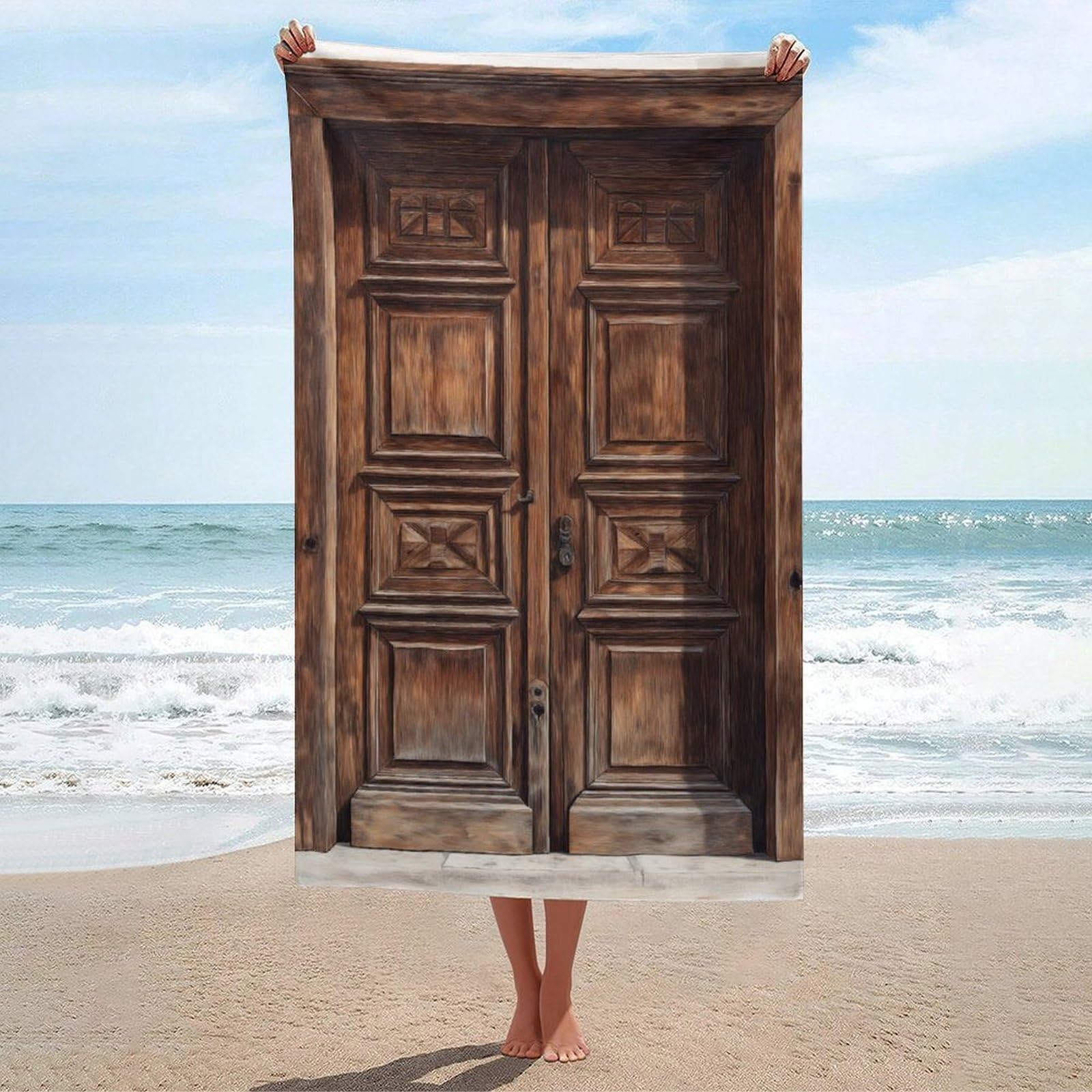 asbwuo Watercolor Old Traditional Wooden Door Beach Towel