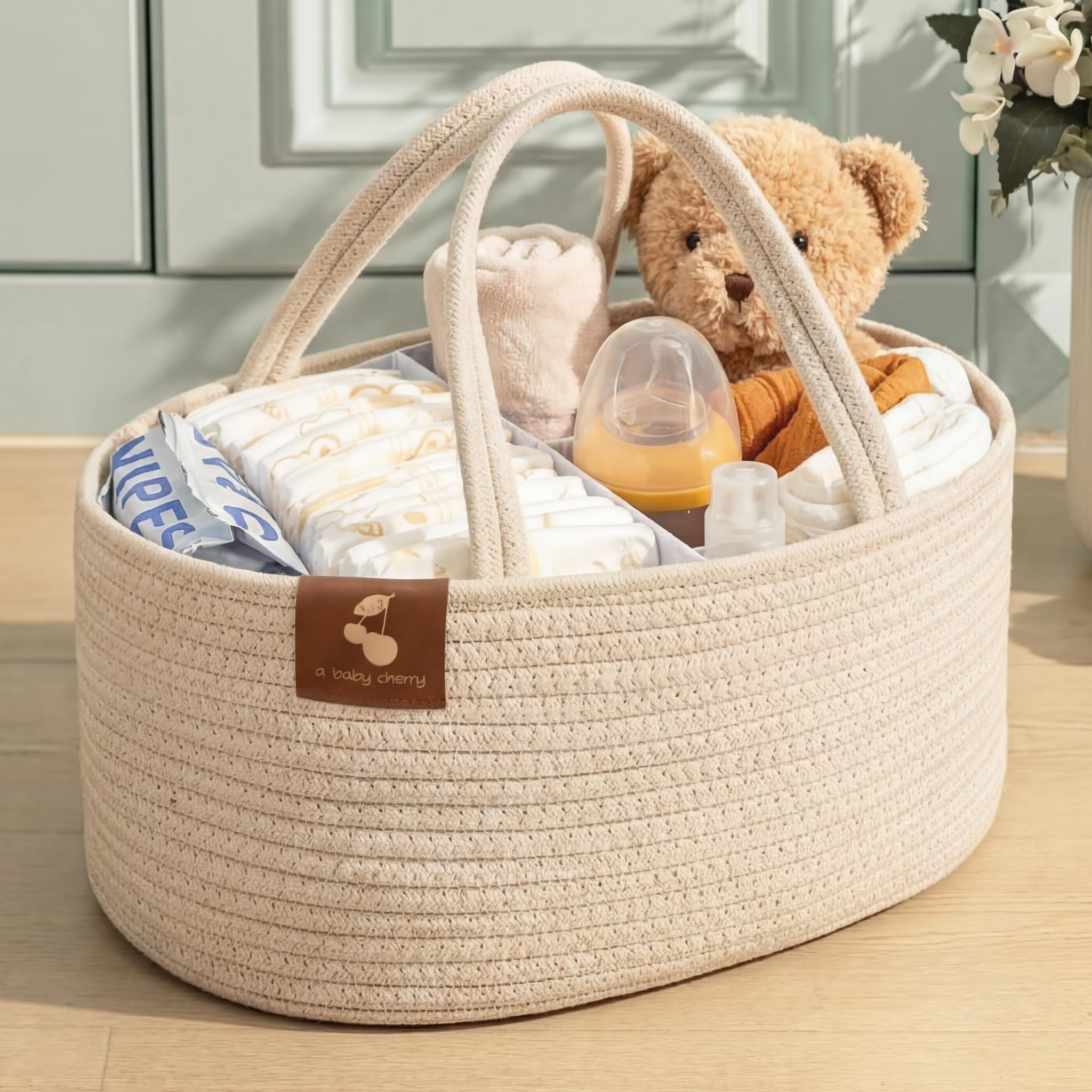 A Baby Cherry Cotton-Diaper Caddy | Diaper Bag for Baby | Diaper Caddy Organizer Large Capacity(40 * 28 * 20Cm)|Nursery Storage Bin and Car Organizer for Diapers and Baby Wipes (Beige)
