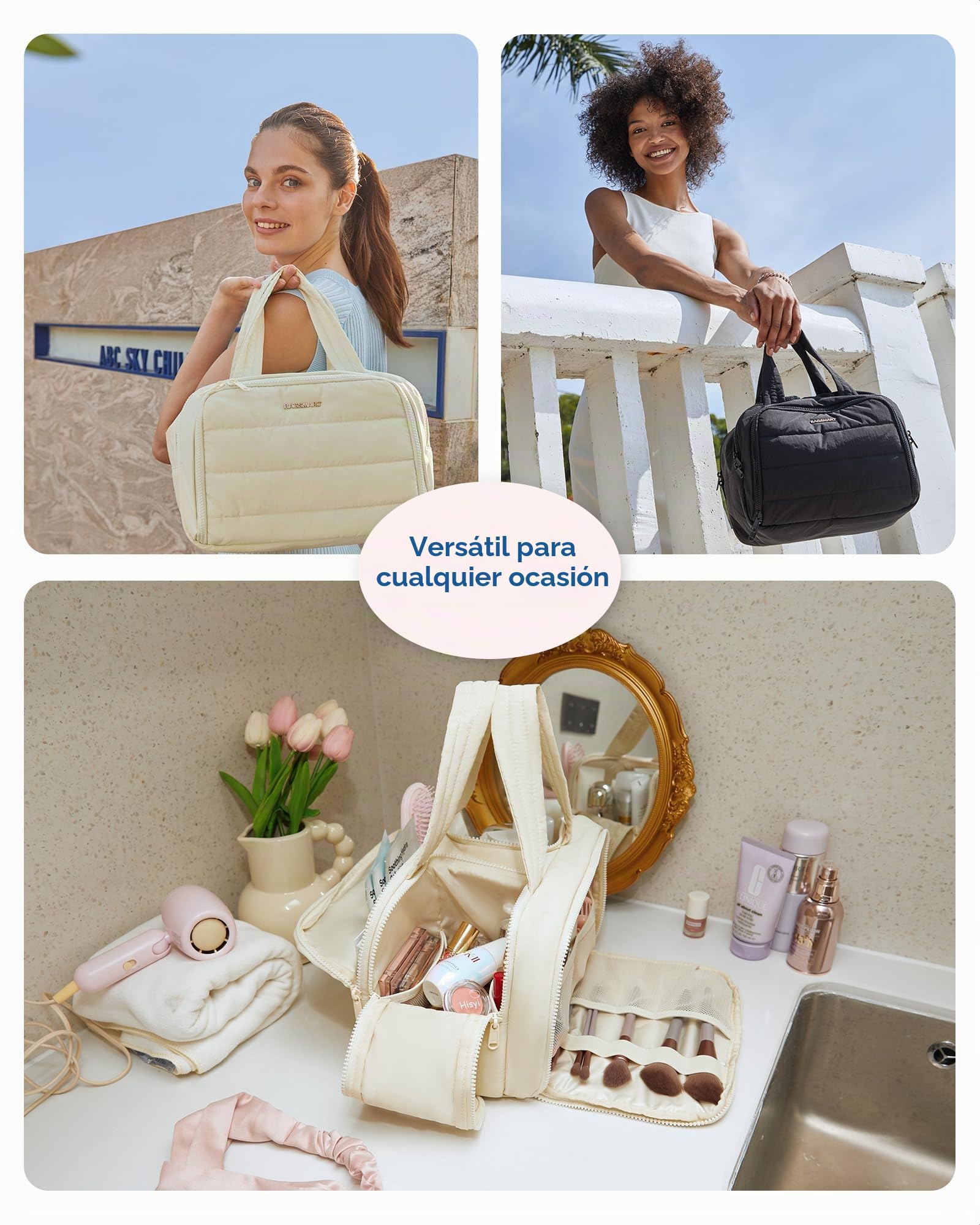 BAGSMART Neceser de viaje, bolsa de viaje ligera, grande y ancha abierta para mujer, organizador de bolsas de maquillaje hinchadas para cosméticos con asa para accesorios, artículos de tocador