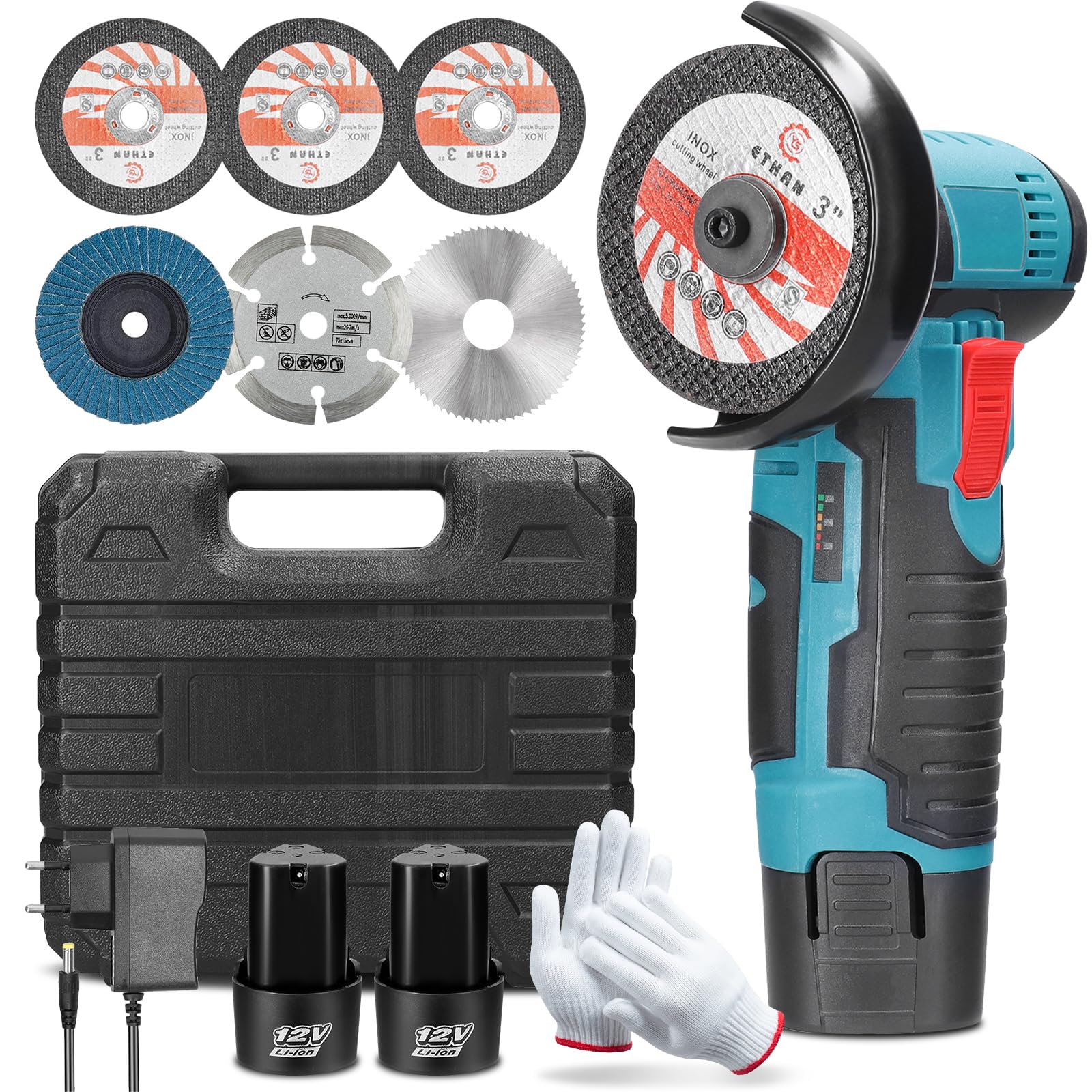 Battery Grinder, Mini Angle Grinder 12V 19500 RPM with 2 Batteries of 2000mAh, Electric Small Grinder for Cutting, Polishing and Sanding
