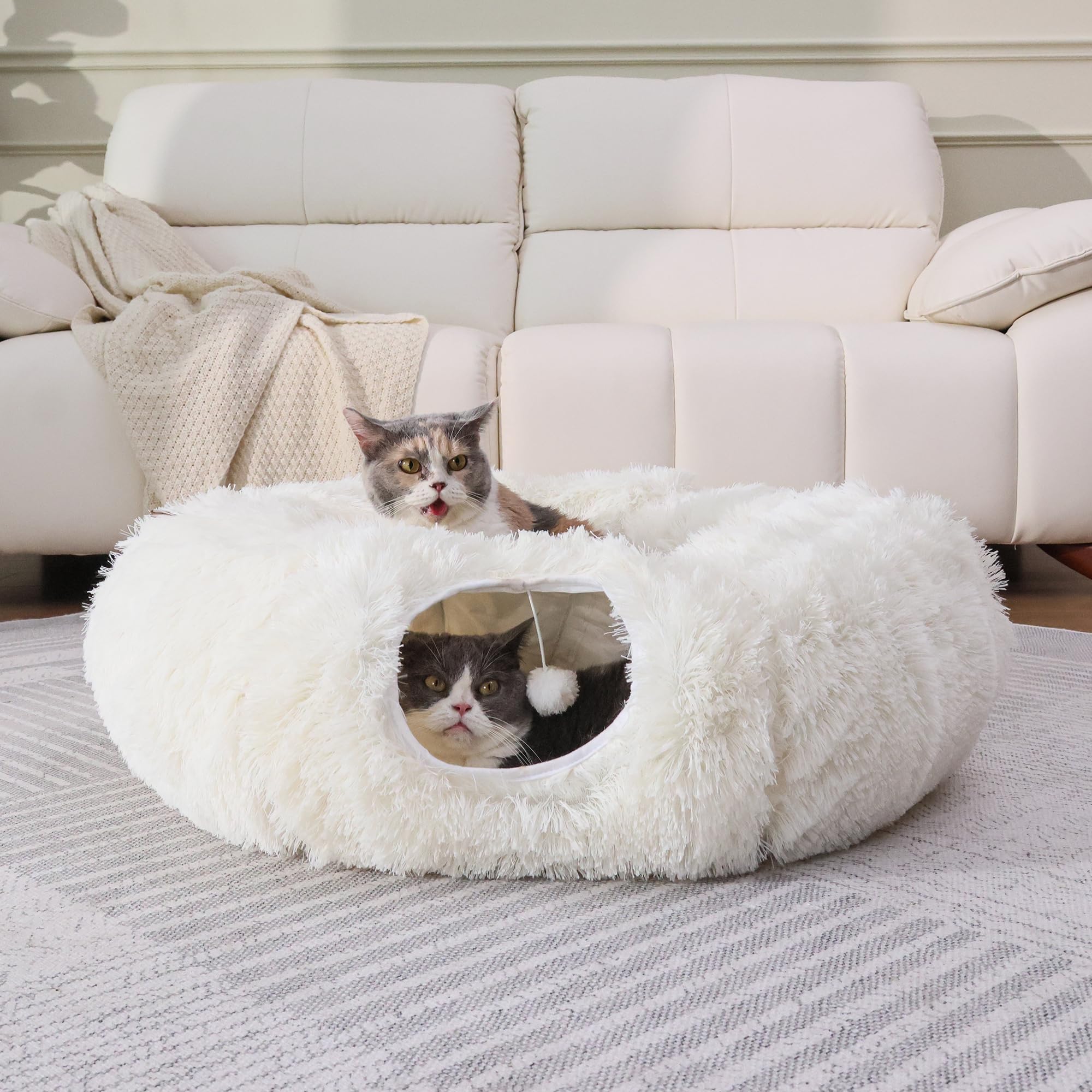 RYpetmia Plush Cat Tunnel Bed for Indoor Cats with Soft Cushion, Multi-Shape Play Cave with Hanging Balls, Large and Foldable Cat Donut Tunnel for Small and Large Pets (White)