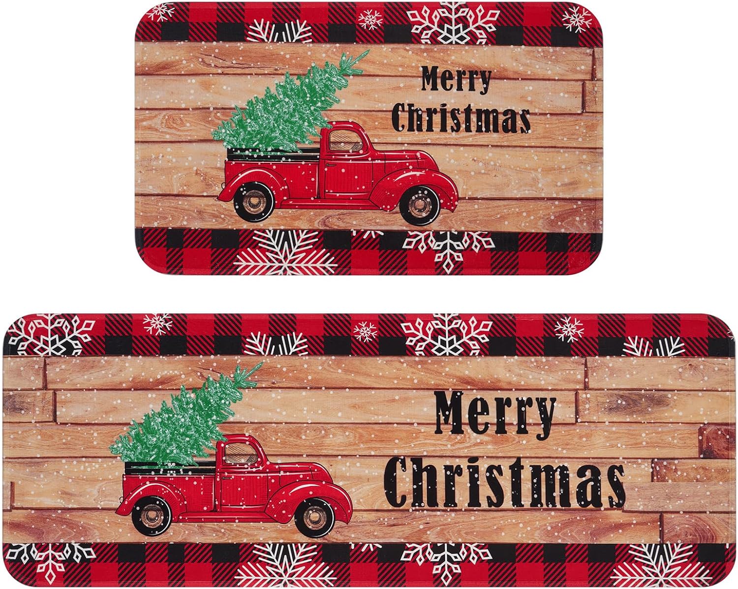FRAMICS Merry Christmas Kitchen Rug Set of 2, Red Trucks with Christmas trees