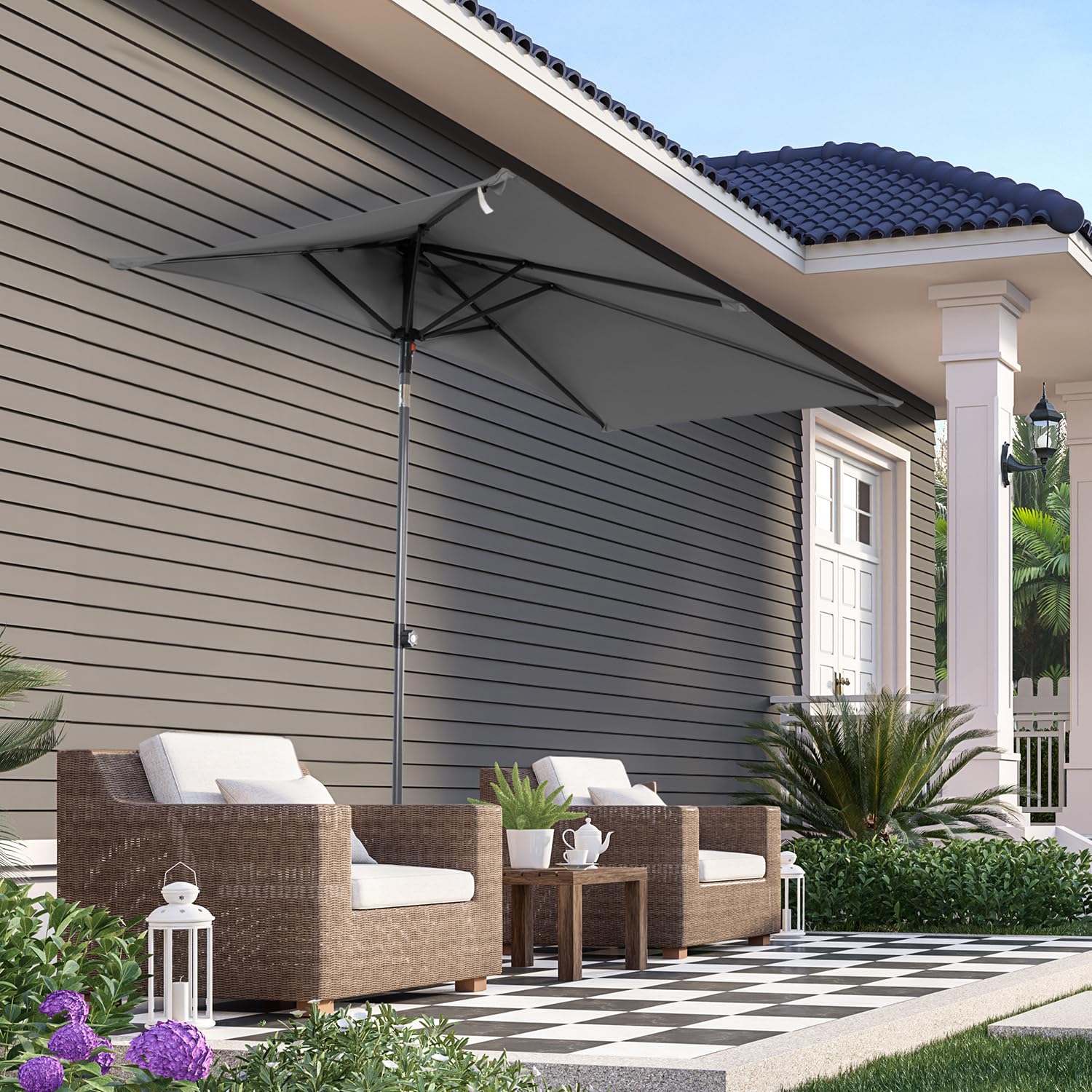 Angel Living Demi-Parasol de jardin, Parasol Droit Rectangulaire Inclinable, 2.5 x 1.3 m, avec Poussée Manuelle, pour Jardin Terrasse Balcon