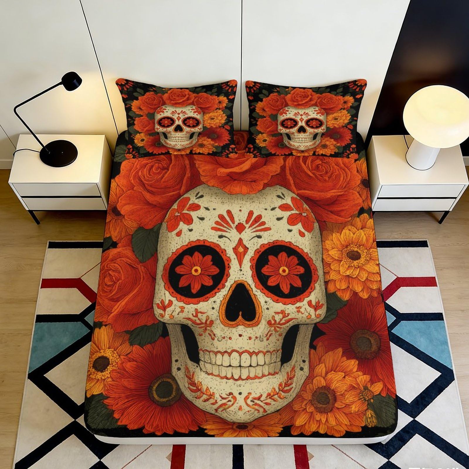 3D Printed Sugar Skull Fitted Sheet Microfiber Orange Floral Mattress Cover for Bedroom Dorm Mattress Protection Decor 120x200x25cm