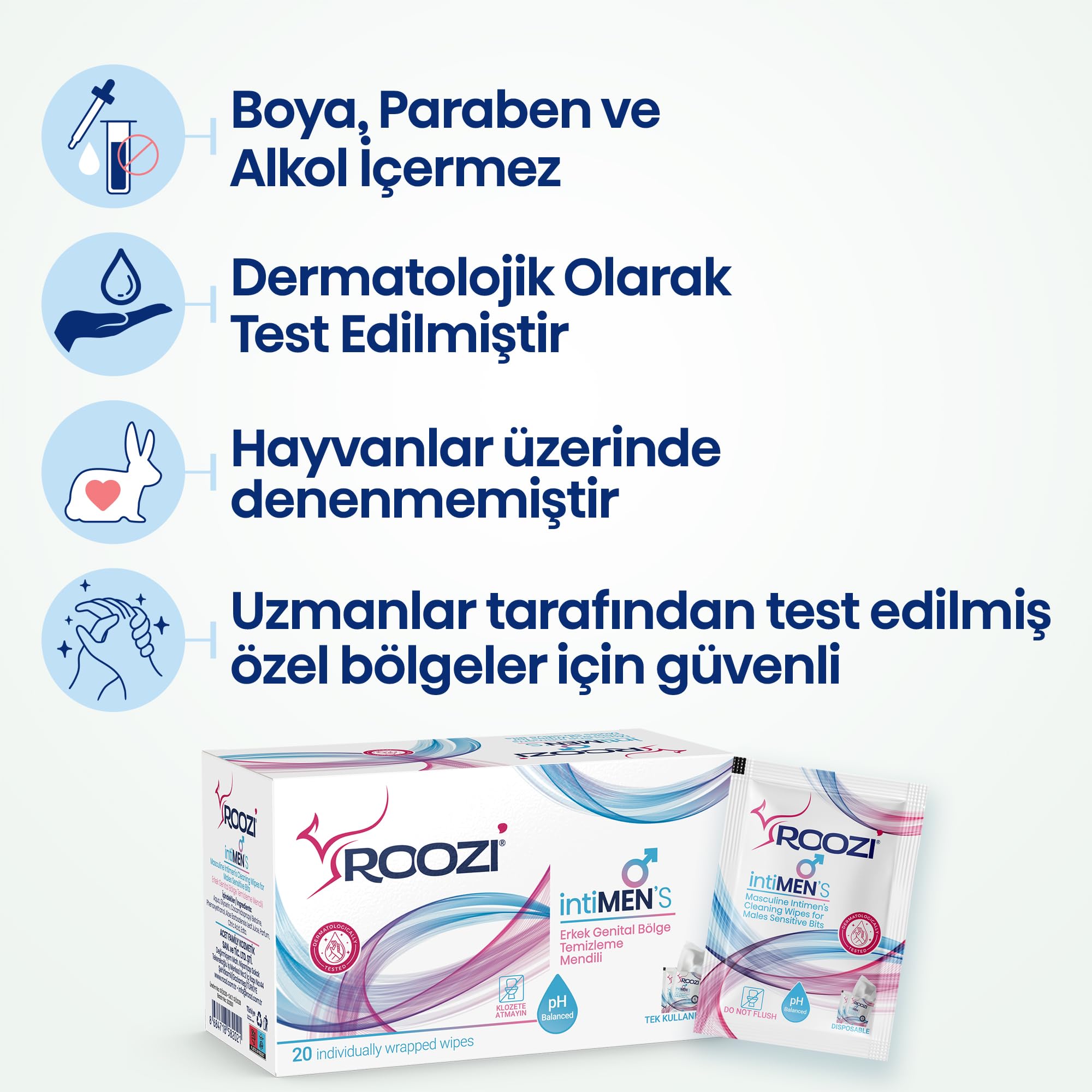 Roozi intiMEN’S – Erkekler İçin Özel Bölge Temizlik Mendilleri, Aloe Vera Konforu, Koku Giderici, Nemlendirici & Nem Desteği Sağlayan, pH Dengeli – 20’li Ayrı Paketlenmiş Mendil