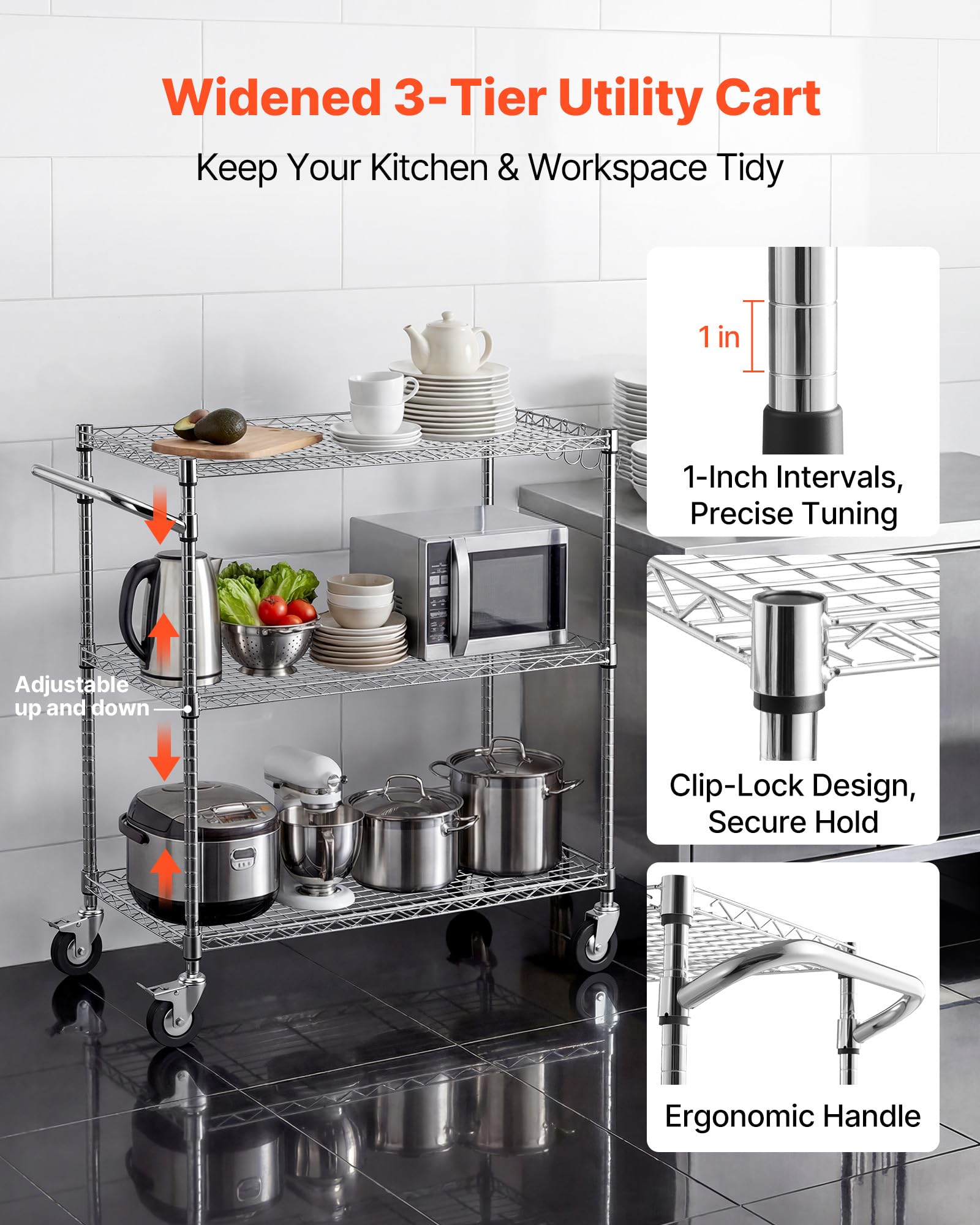 VEVOR Carrito de Cocina de 3 Niveles, Estante de Almacenaje de Alambre Ajustable, Carrito Auxiliar con Ruedas Giratorias y Asa, Carro de Servicio para Cocina, Garaje, Lavadero, 89 x 45,3 x 104 cm