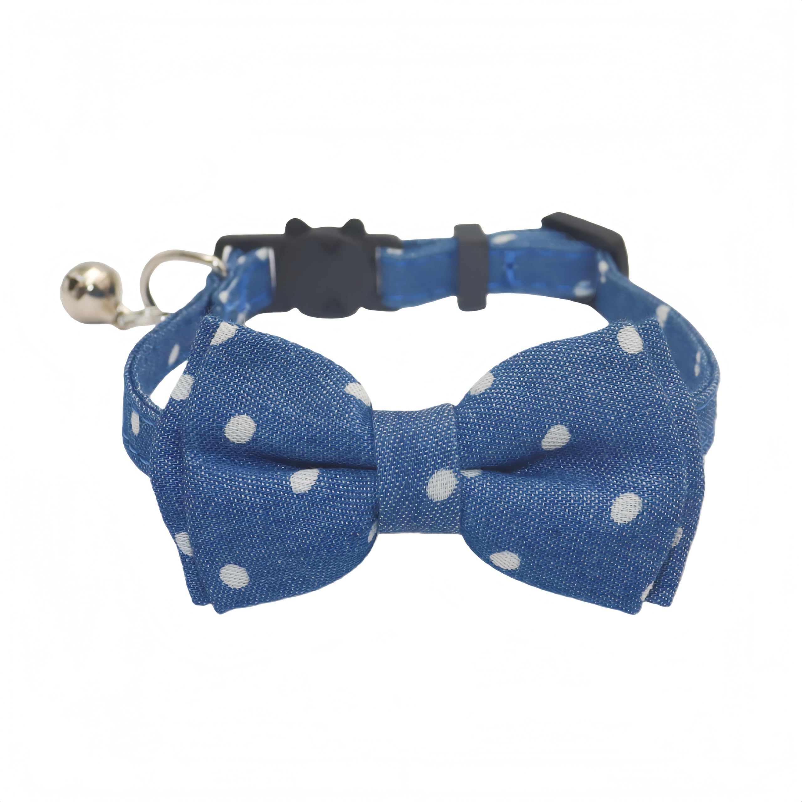 THAIN Cat Collar Breakaway with Bell and Bow Tie Safety Buckle Denim Dots Adjustable 7-11 inches for Kitten Cats(Denim Dots)