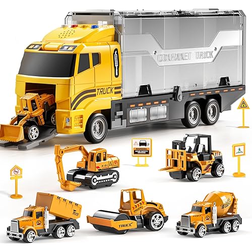 TEMI Toddler Toys for 3 4 5 6 Years Old Boys, Die-cast Construction Toys Car Carrier Vehicle Toy Set w/Play Mat, Kids Toys Truck Alloy Metal Car Toys Set for Age 3-9 Toddlers Kids Boys & Girls